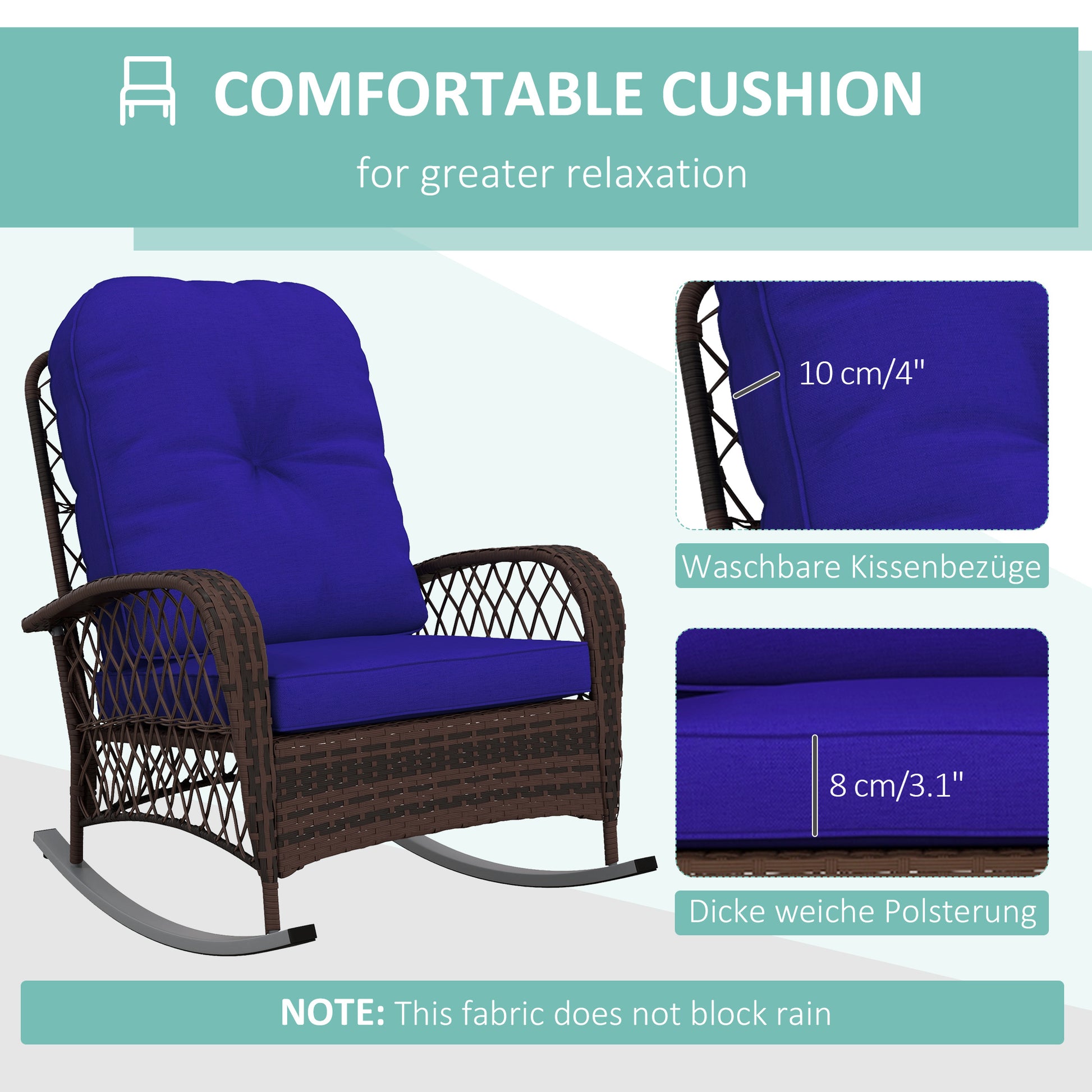 Outdoor Wicker Rocking Chair - Dark Blue Cushions-DECOROLALA