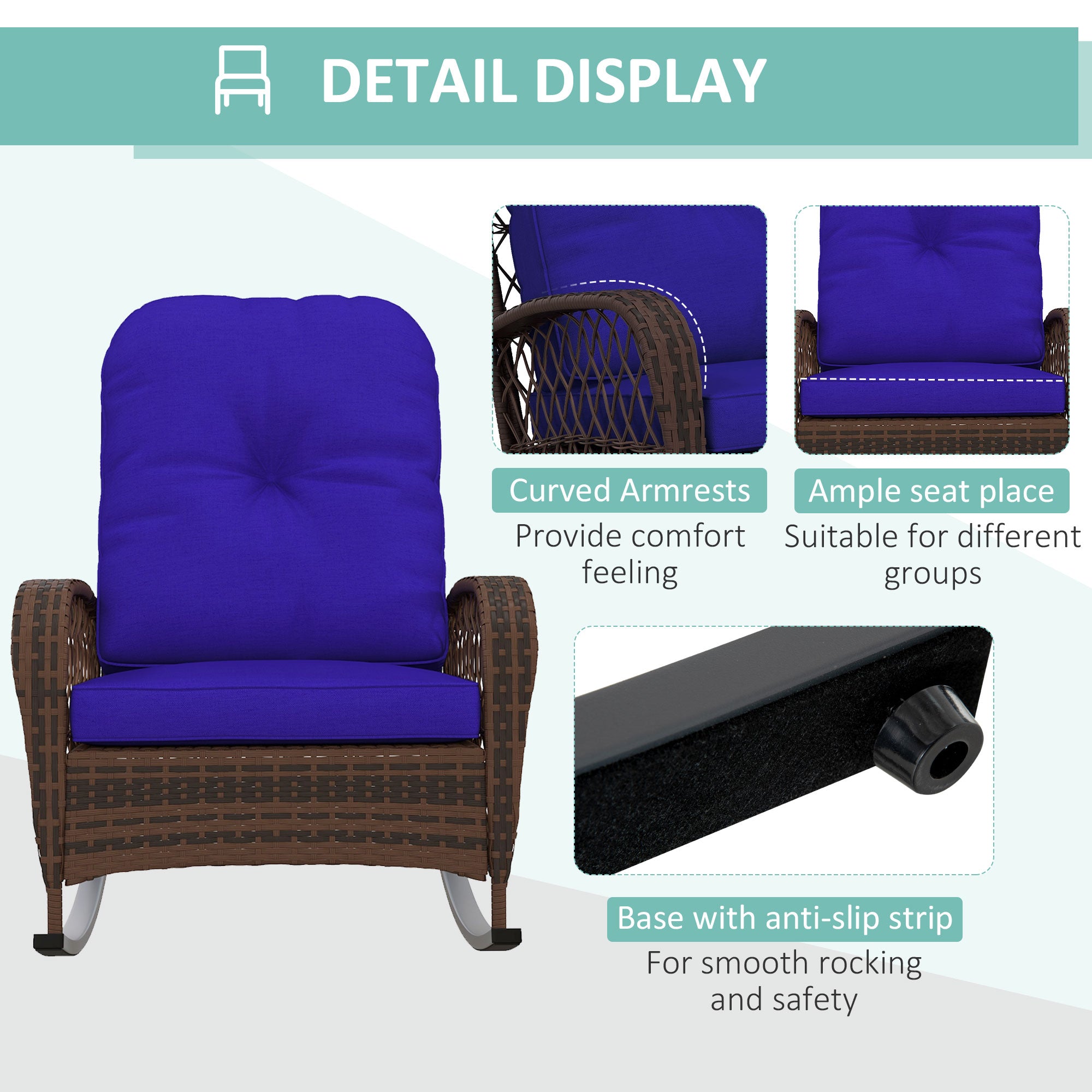 Outdoor Wicker Rocking Chair - Dark Blue Cushions-DECOROLALA