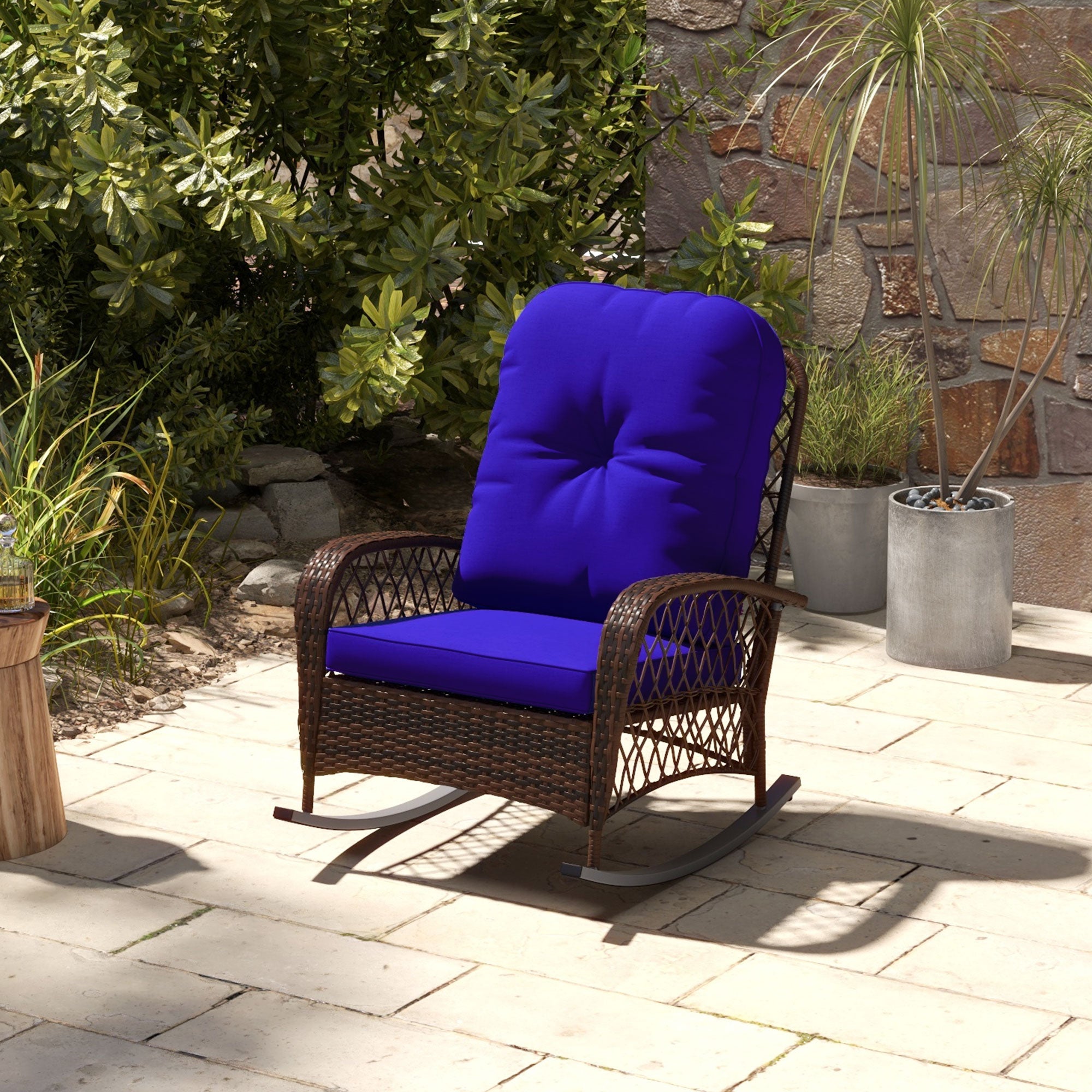 Outdoor Wicker Rocking Chair - Dark Blue Cushions-DECOROLALA