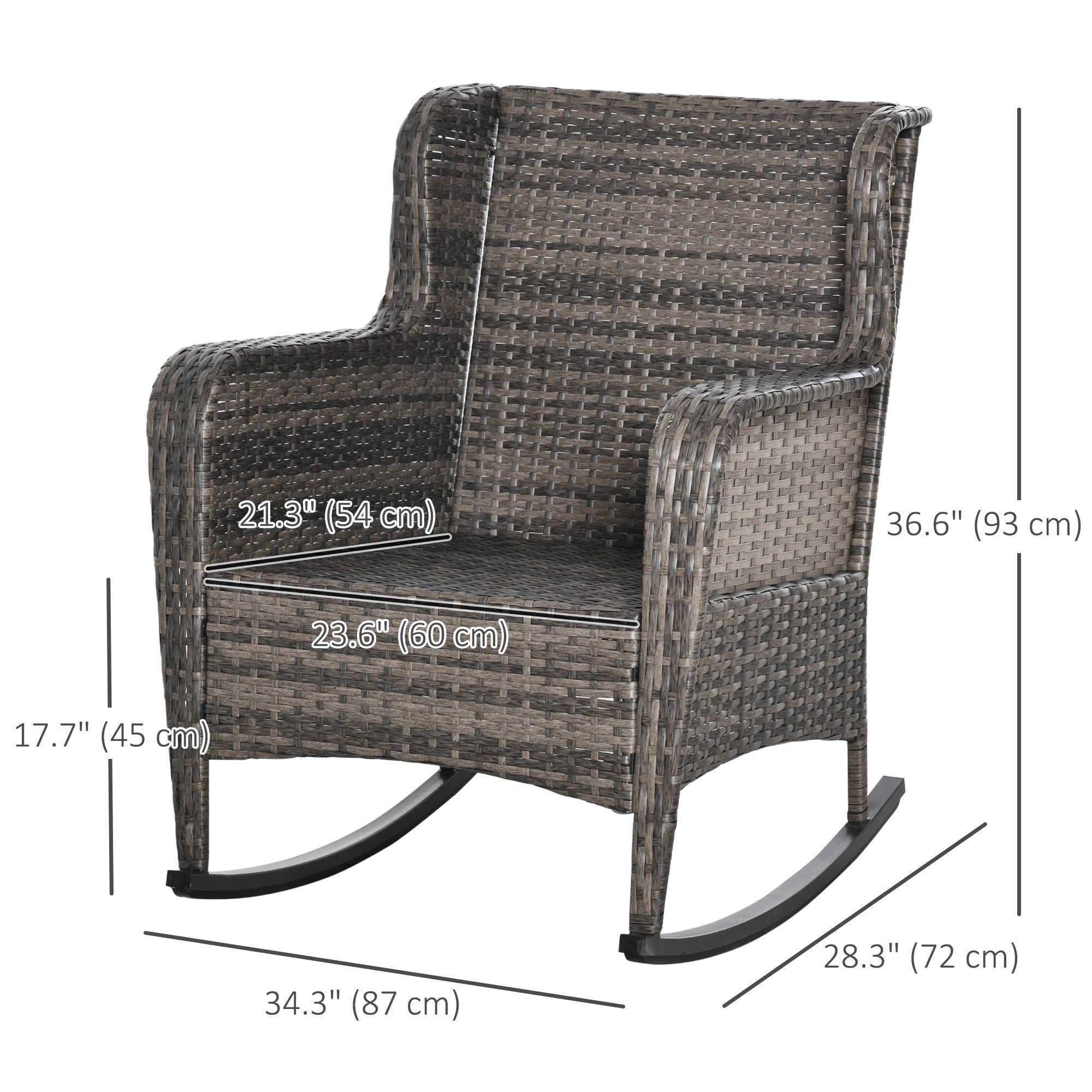 Outdoor Wicker Rocking Chair, Grey PE Rattan with Cushions-DECOROLALA