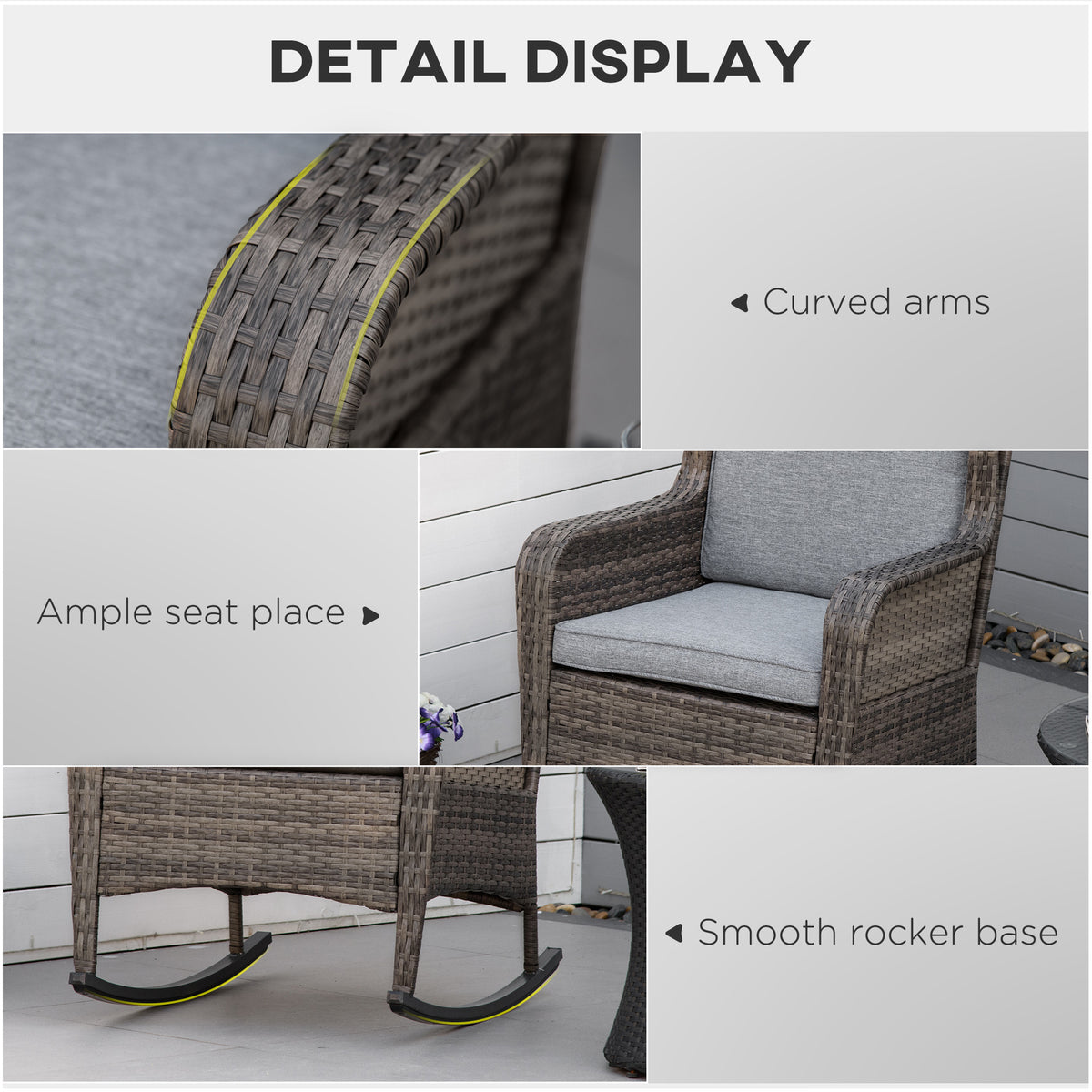 Outdoor Wicker Rocking Chair, Grey PE Rattan with Cushions-Outdoor Rocking Chairs-DECOROLALA