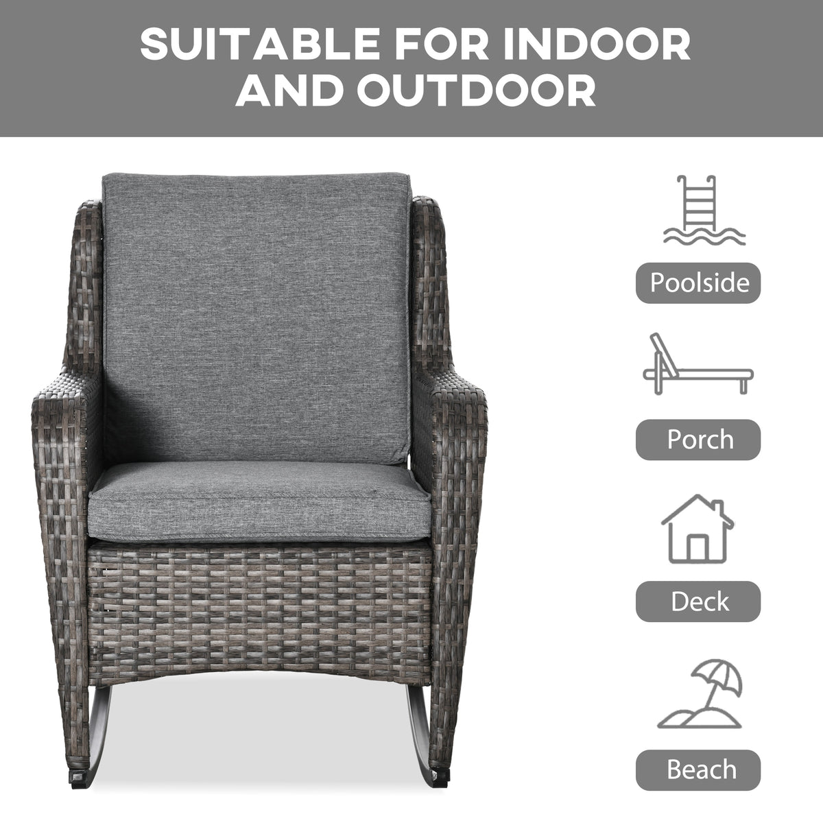 Outdoor Wicker Rocking Chair, Grey PE Rattan with Cushions-Outdoor Rocking Chairs-DECOROLALA
