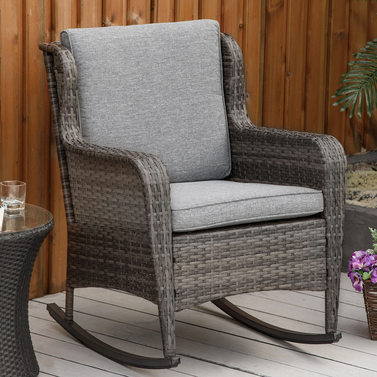 Outdoor Wicker Rocking Chair, Grey PE Rattan with Cushions-Outdoor Rocking Chairs-DECOROLALA