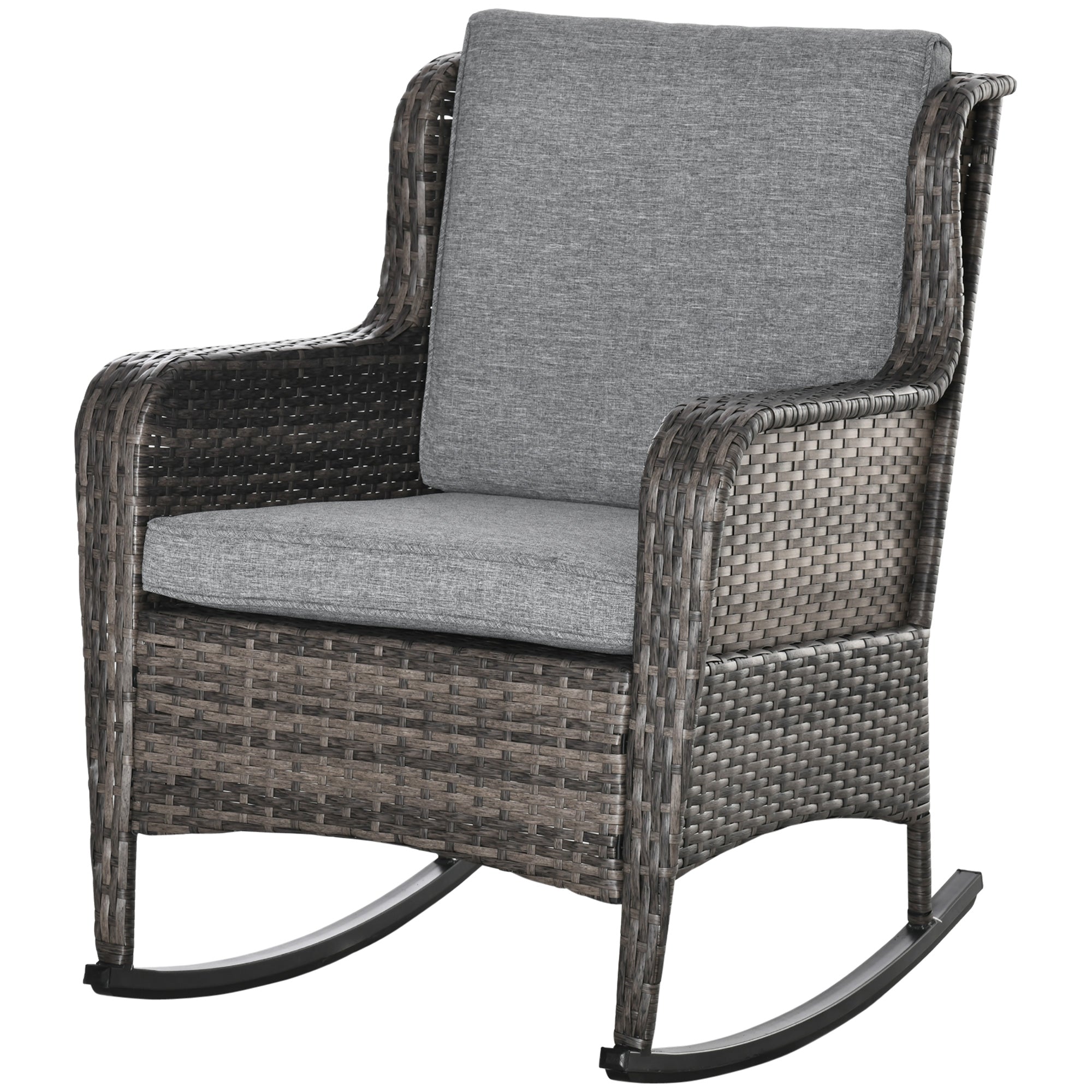 Outdoor Wicker Rocking Chair, Grey PE Rattan with Cushions-DECOROLALA