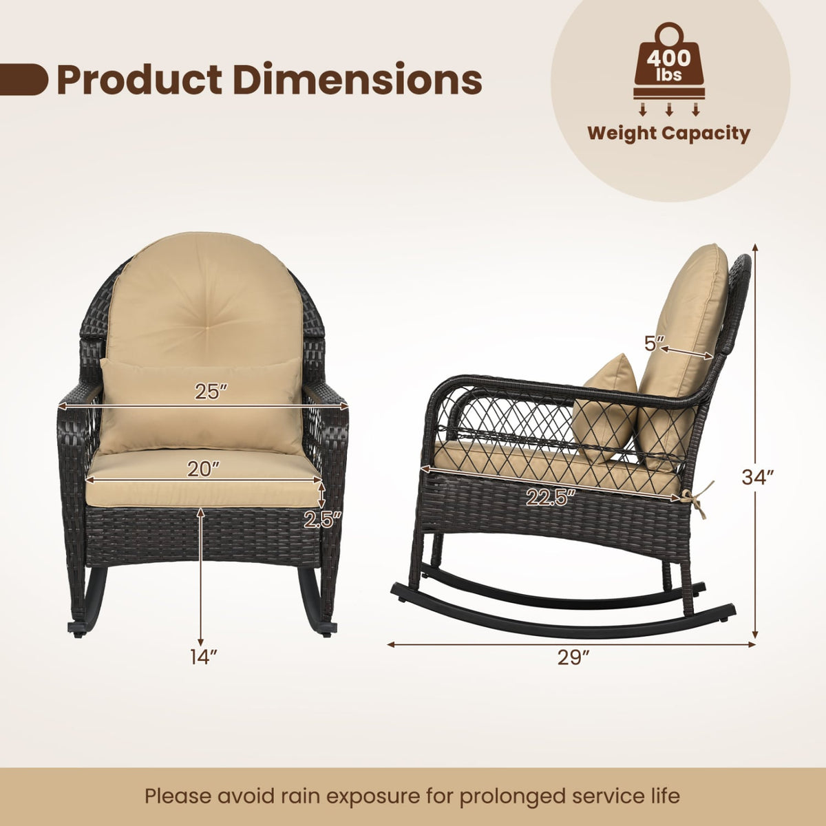 Outdoor Wicker Rocking Chair with Anti-Tip Stoppers 400 LBS for Porch Deck-Brown-Outdoor Rocking Chairs & Gliders-DECOROLALA