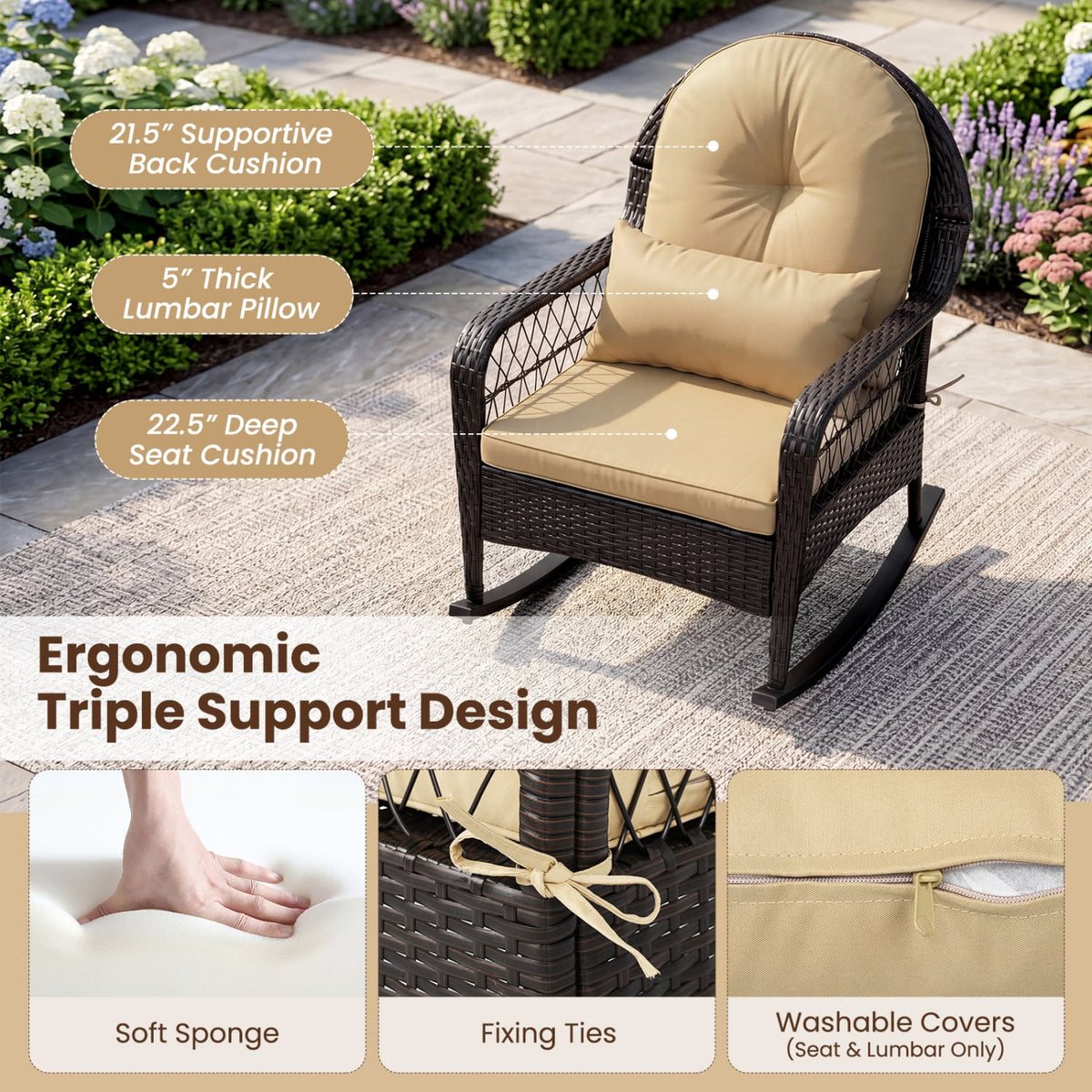Outdoor Wicker Rocking Chair with Anti-Tip Stoppers 400 LBS for Porch Deck-Brown-Outdoor Rocking Chairs & Gliders-DECOROLALA