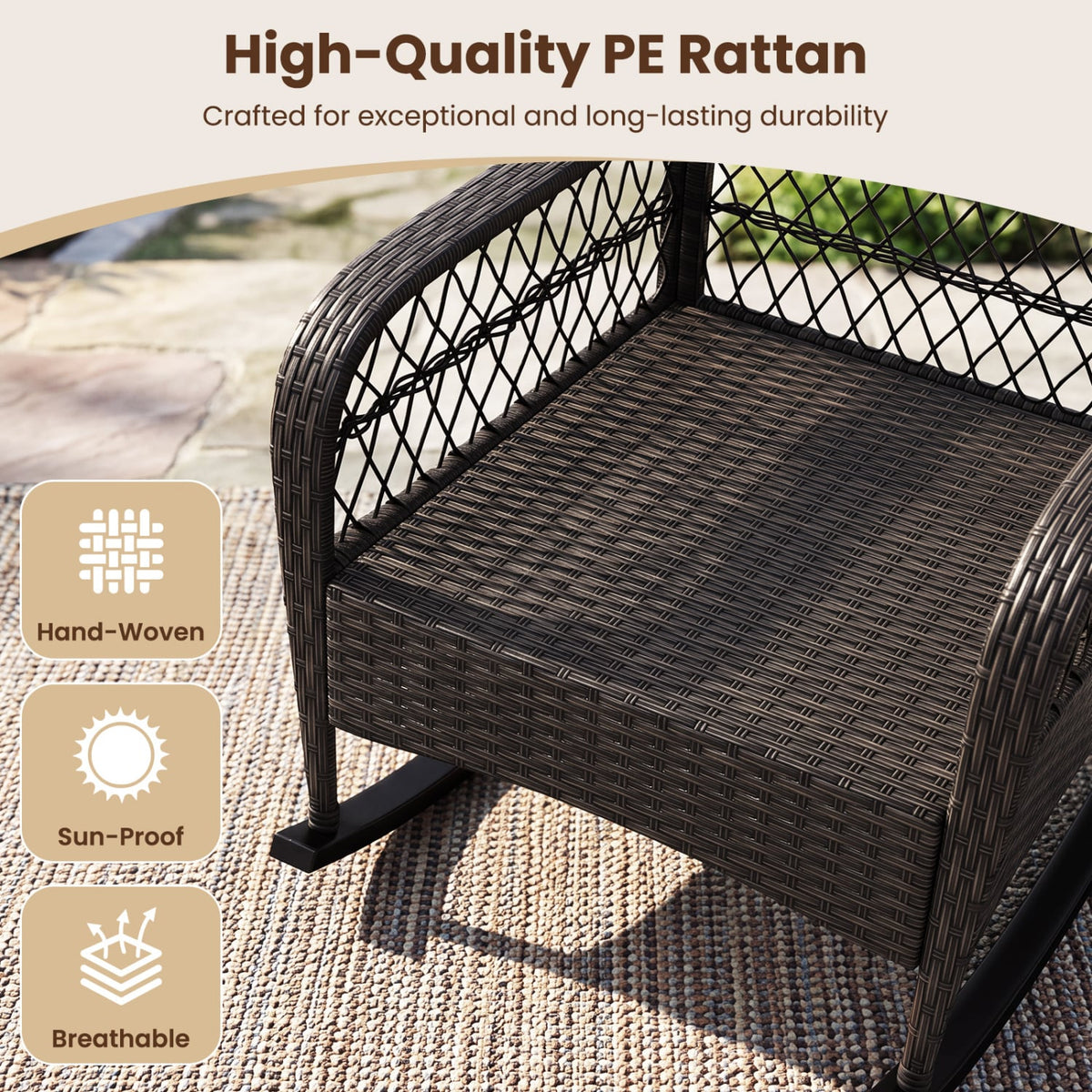 Outdoor Wicker Rocking Chair with Anti-Tip Stoppers 400 LBS for Porch Deck-Brown-Outdoor Rocking Chairs & Gliders-DECOROLALA