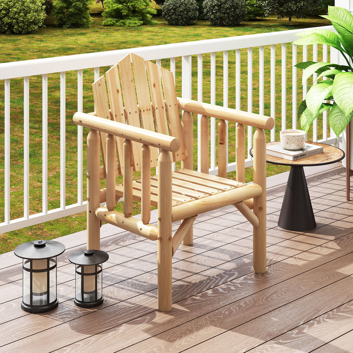 Outdoor Wood Armchair Wooden Patio Dining Chair with Armrests-Natural-Patio Dining Chairs-DECOROLALA