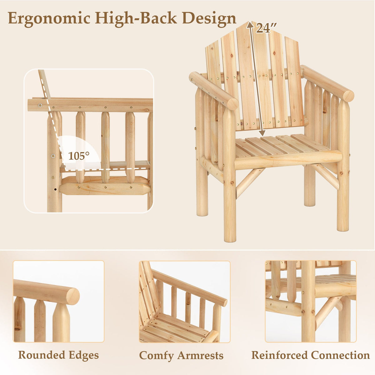 Outdoor Wood Armchair Wooden Patio Dining Chair with Armrests-Natural-Patio Dining Chairs-DECOROLALA