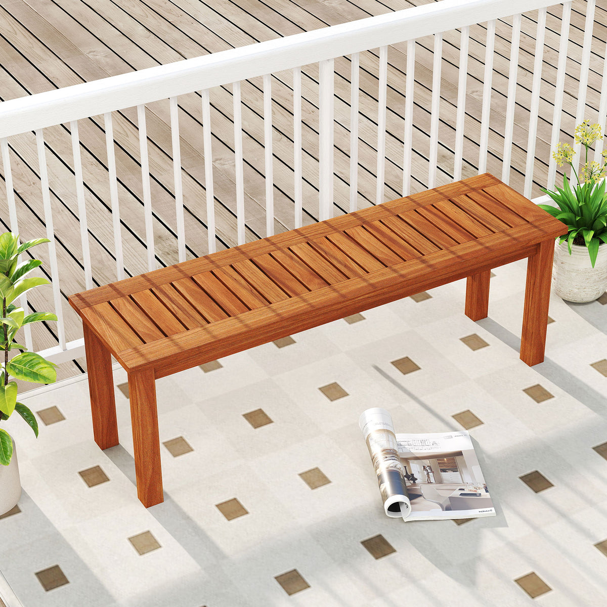 Outdoor Wood Bench 2-Person Backless Patio Garden Bench with Slatted Seat-Outdoor Benches-DECOROLALA