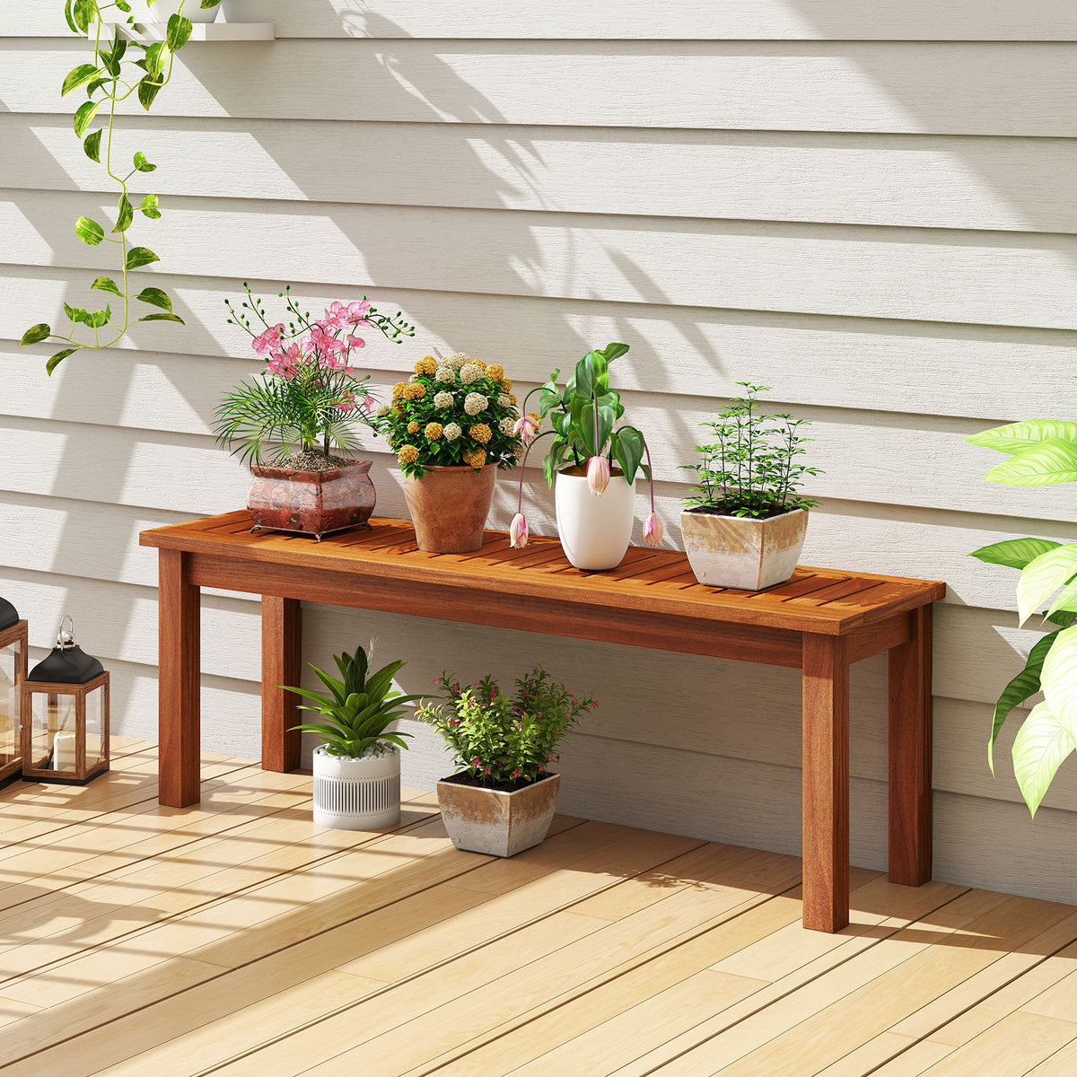 Outdoor Wood Bench 2-Person Backless Patio Garden Bench with Slatted Seat-Outdoor Benches-DECOROLALA