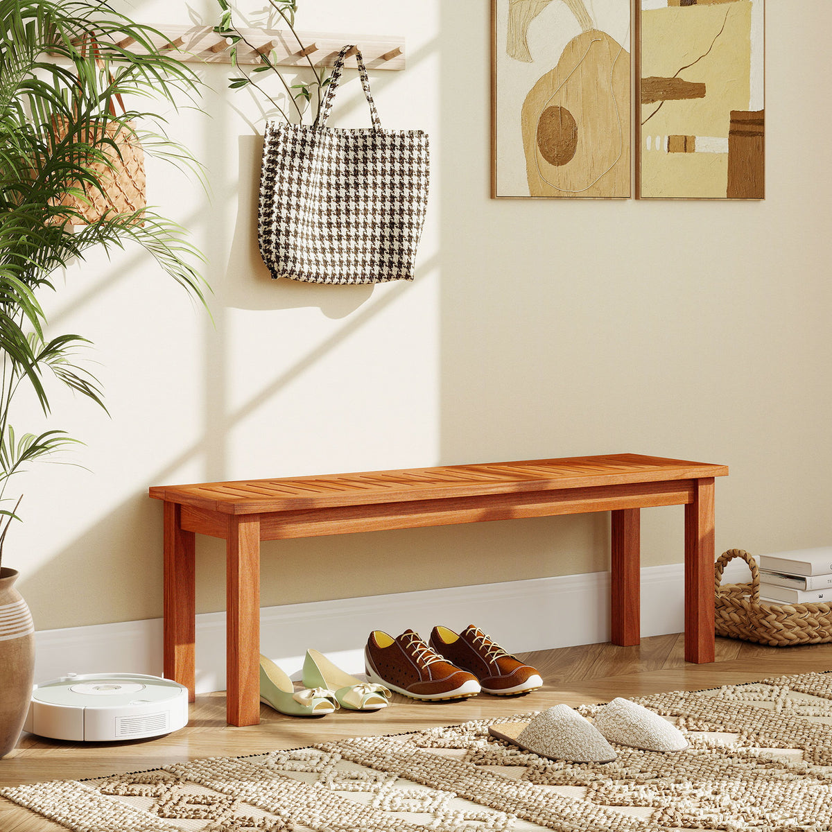 Outdoor Wood Bench 2-Person Backless Patio Garden Bench with Slatted Seat-Outdoor Benches-DECOROLALA