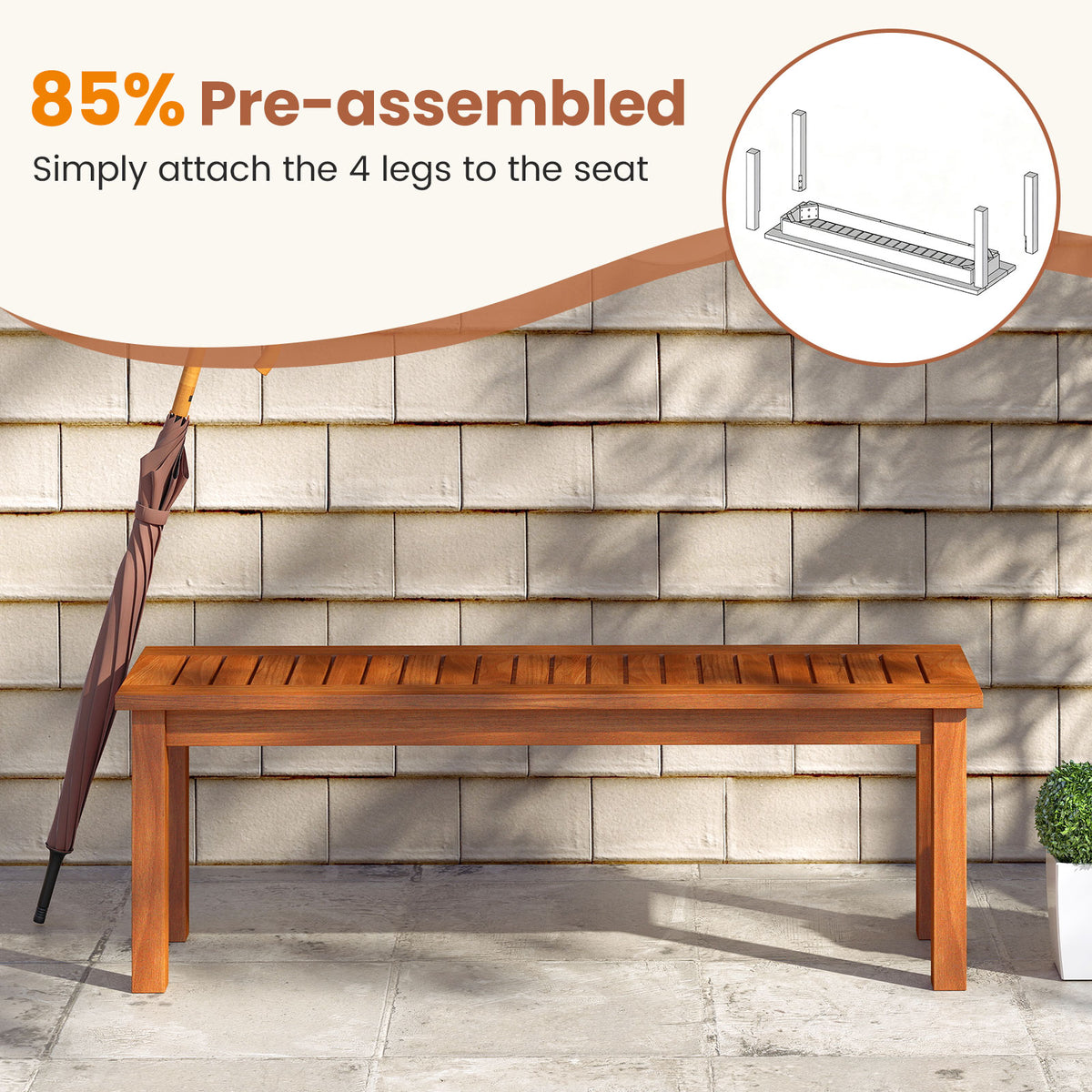Outdoor Wood Bench 2-Person Backless Patio Garden Bench with Slatted Seat-Outdoor Benches-DECOROLALA