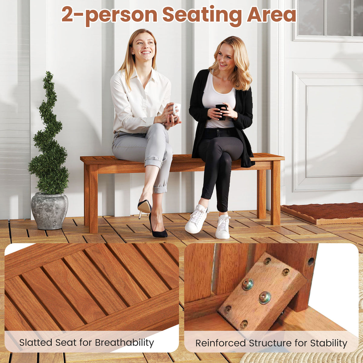 Outdoor Wood Bench 2-Person Backless Patio Garden Bench with Slatted Seat-Outdoor Benches-DECOROLALA
