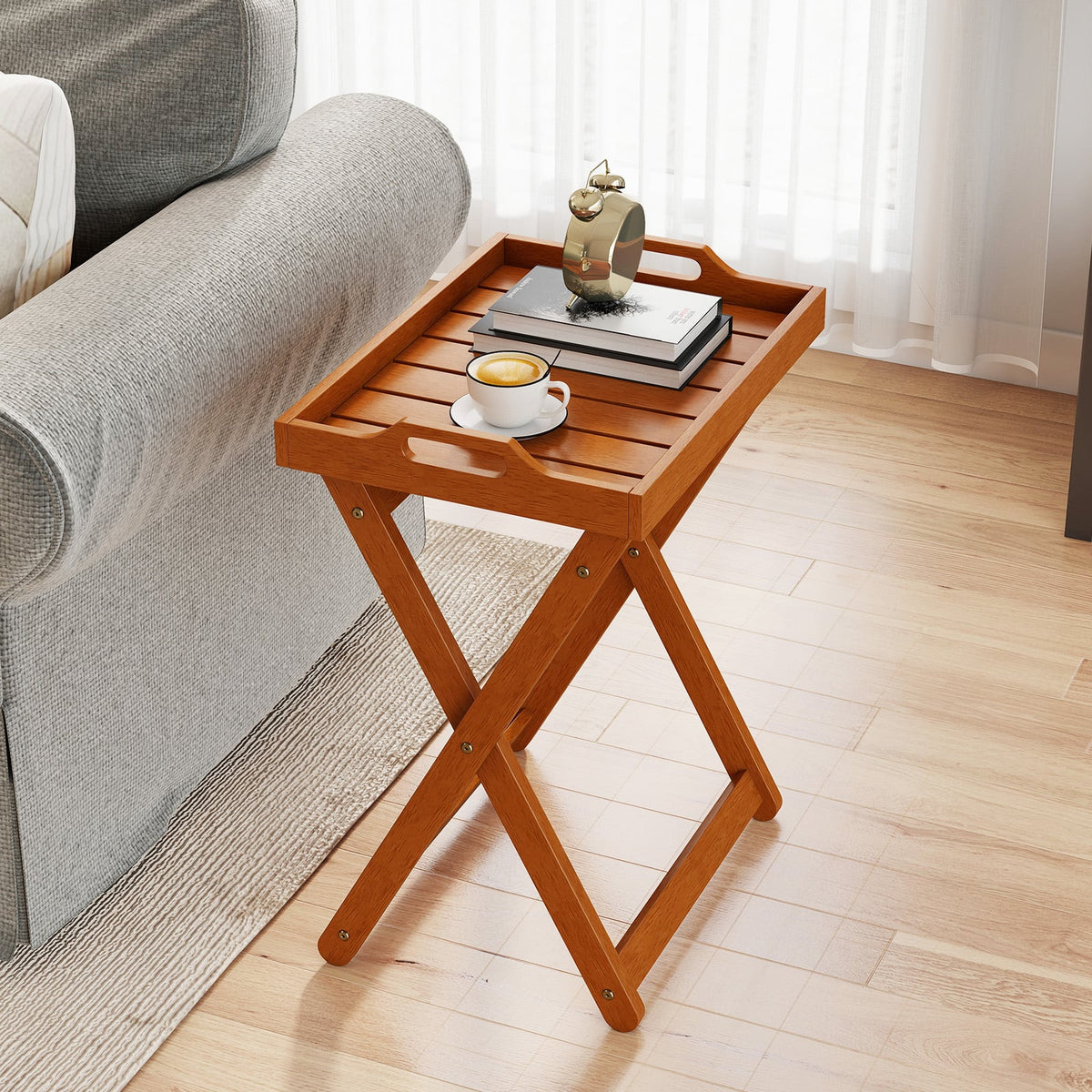Outdoor Wood Tray Table Portable Side End Table with Folding Frame-Patio Coffee Tables-DECOROLALA