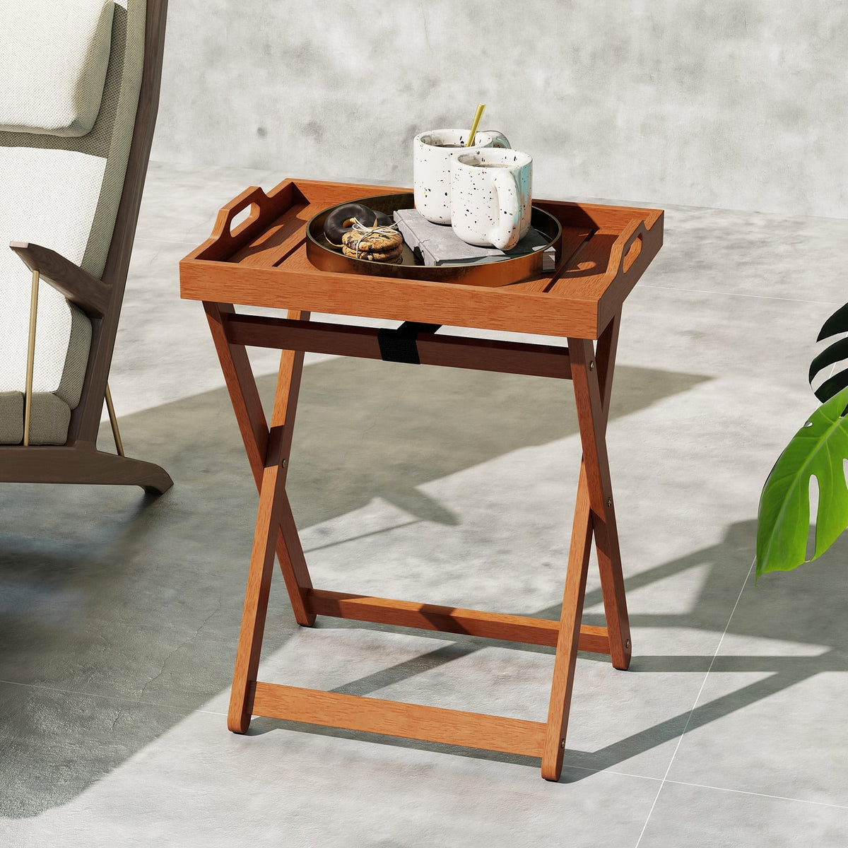 Outdoor Wood Tray Table Portable Side End Table with Folding Frame-Patio Coffee Tables-DECOROLALA