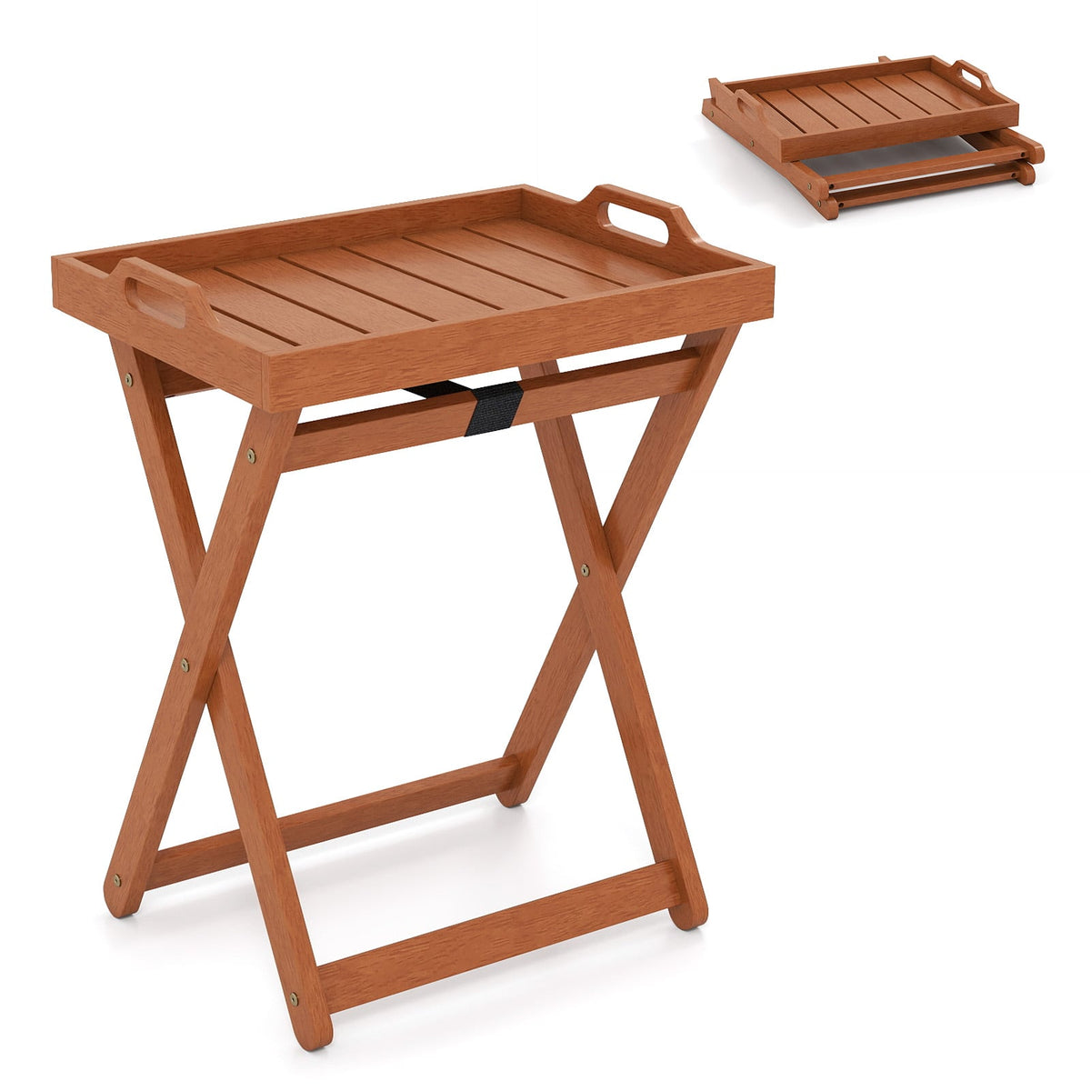 Outdoor Wood Tray Table Portable Side End Table with Folding Frame-Patio Coffee Tables-DECOROLALA
