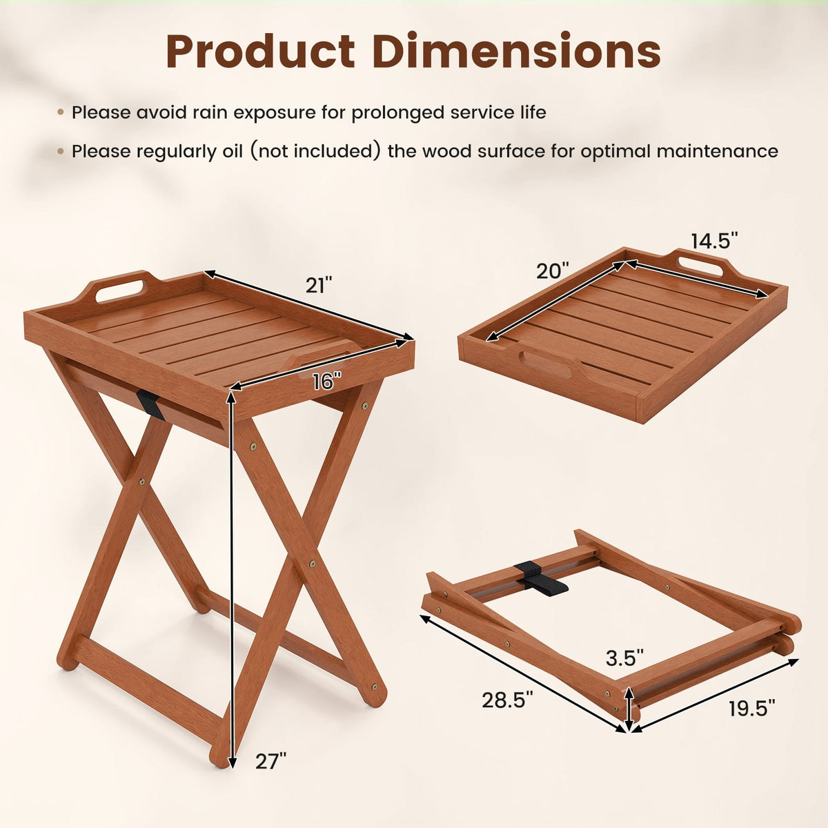 Outdoor Wood Tray Table Portable Side End Table with Folding Frame-Patio Coffee Tables-DECOROLALA