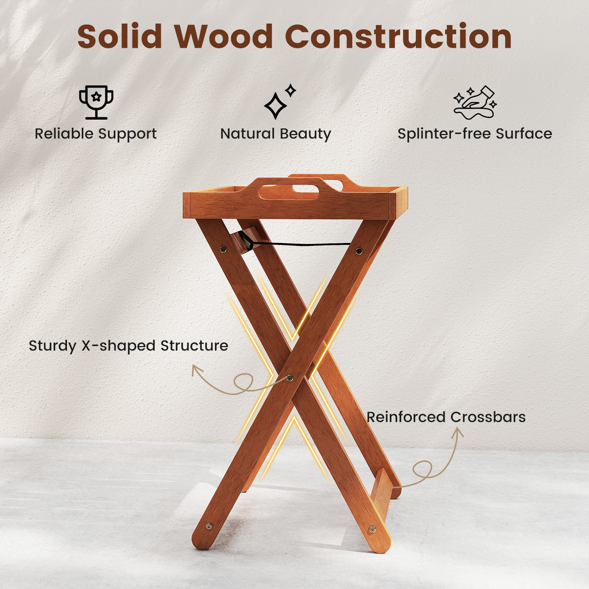 Outdoor Wood Tray Table Portable Side End Table with Folding Frame-Patio Coffee Tables-DECOROLALA