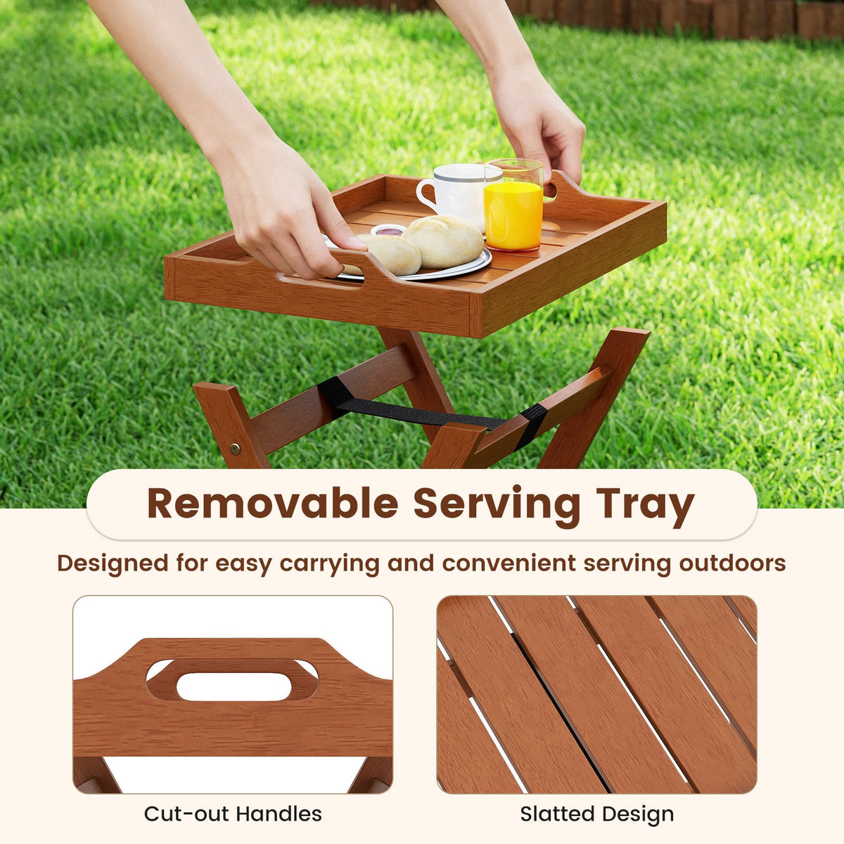 Outdoor Wood Tray Table Portable Side End Table with Folding Frame-Patio Coffee Tables-DECOROLALA