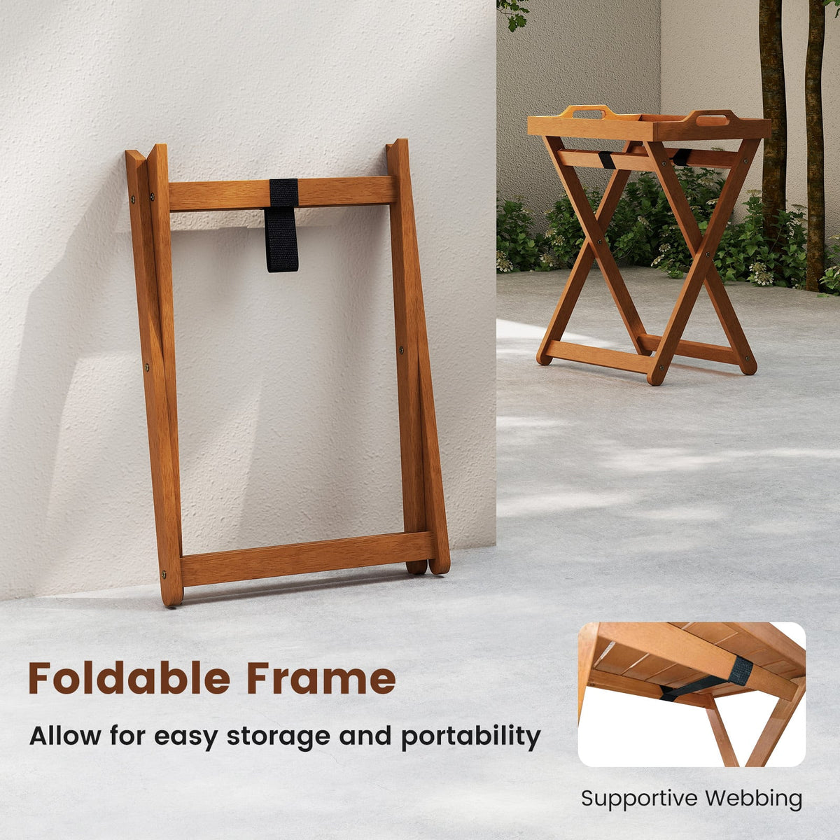 Outdoor Wood Tray Table Portable Side End Table with Folding Frame-Patio Coffee Tables-DECOROLALA
