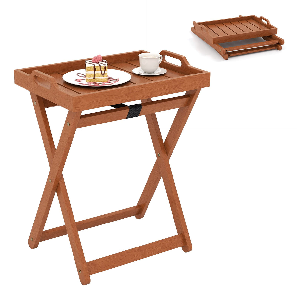 Outdoor Wood Tray Table Portable Side End Table with Folding Frame-Patio Coffee Tables-DECOROLALA