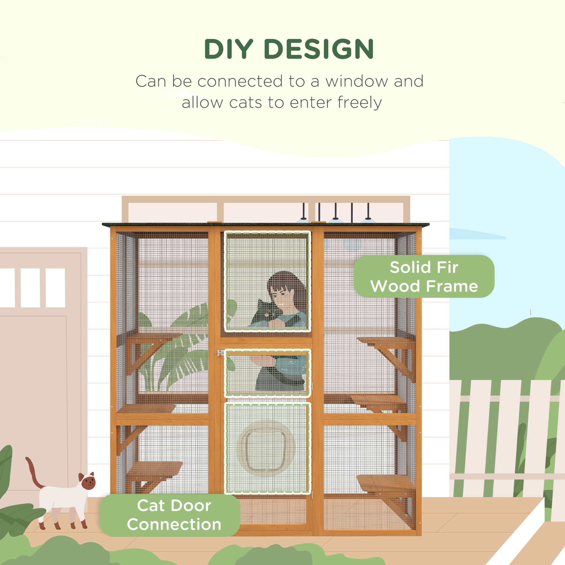 Outdoor Wooden Cat Cage - 71" Large Patio Enclosure, Orange-DECOROLALA