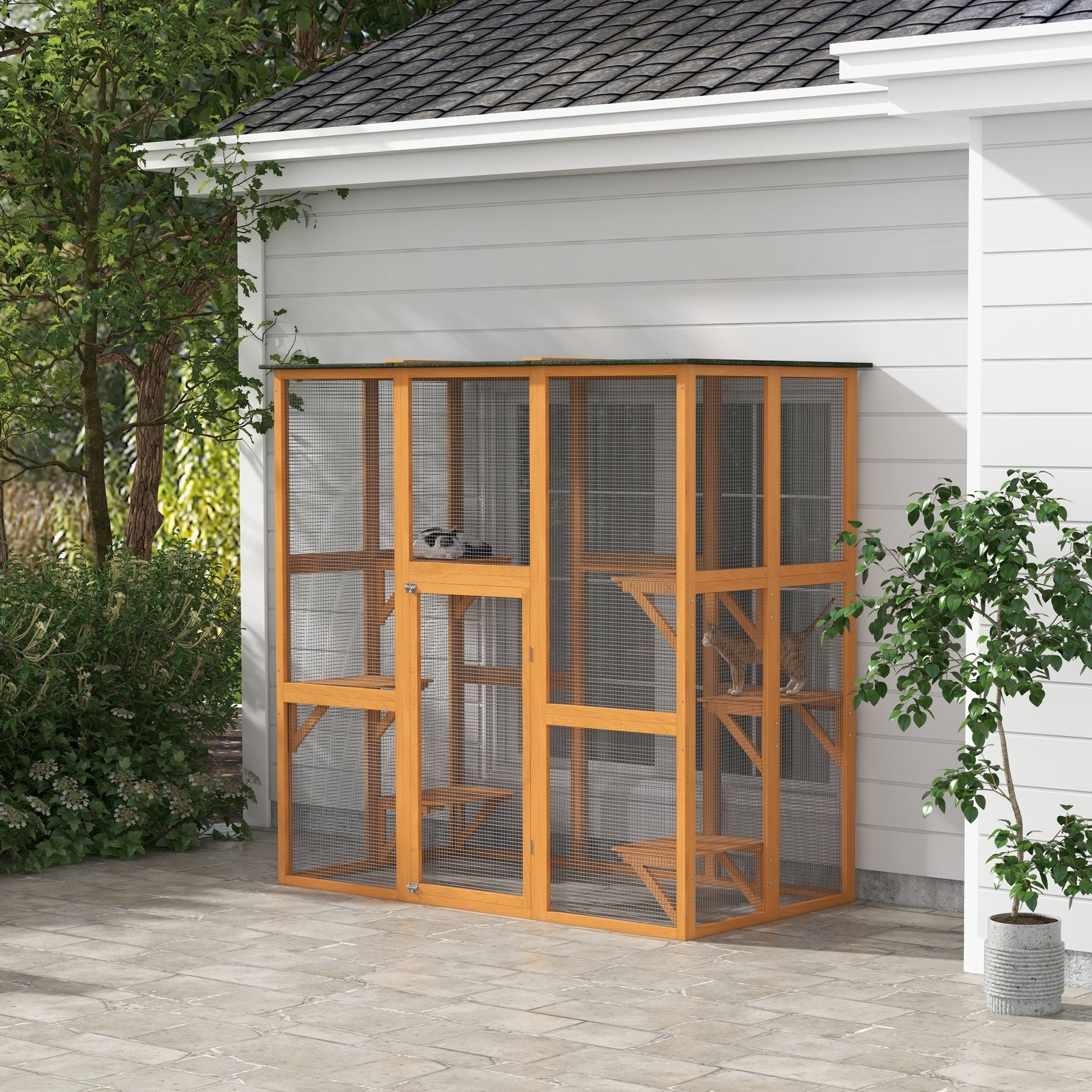 Outdoor Wooden Cat Cage - 71" Large Patio Enclosure, Orange-DECOROLALA