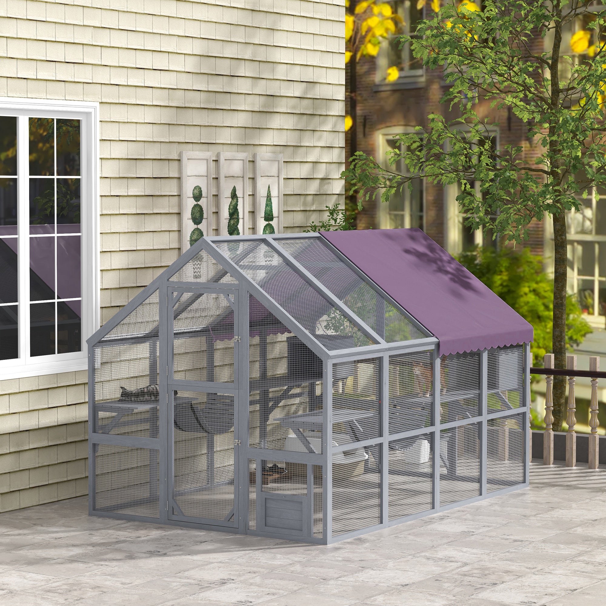 Outdoor Wooden Cat Enclosure - Grey 56 sq ft Feral Cat House-Cats-DECOROLALA