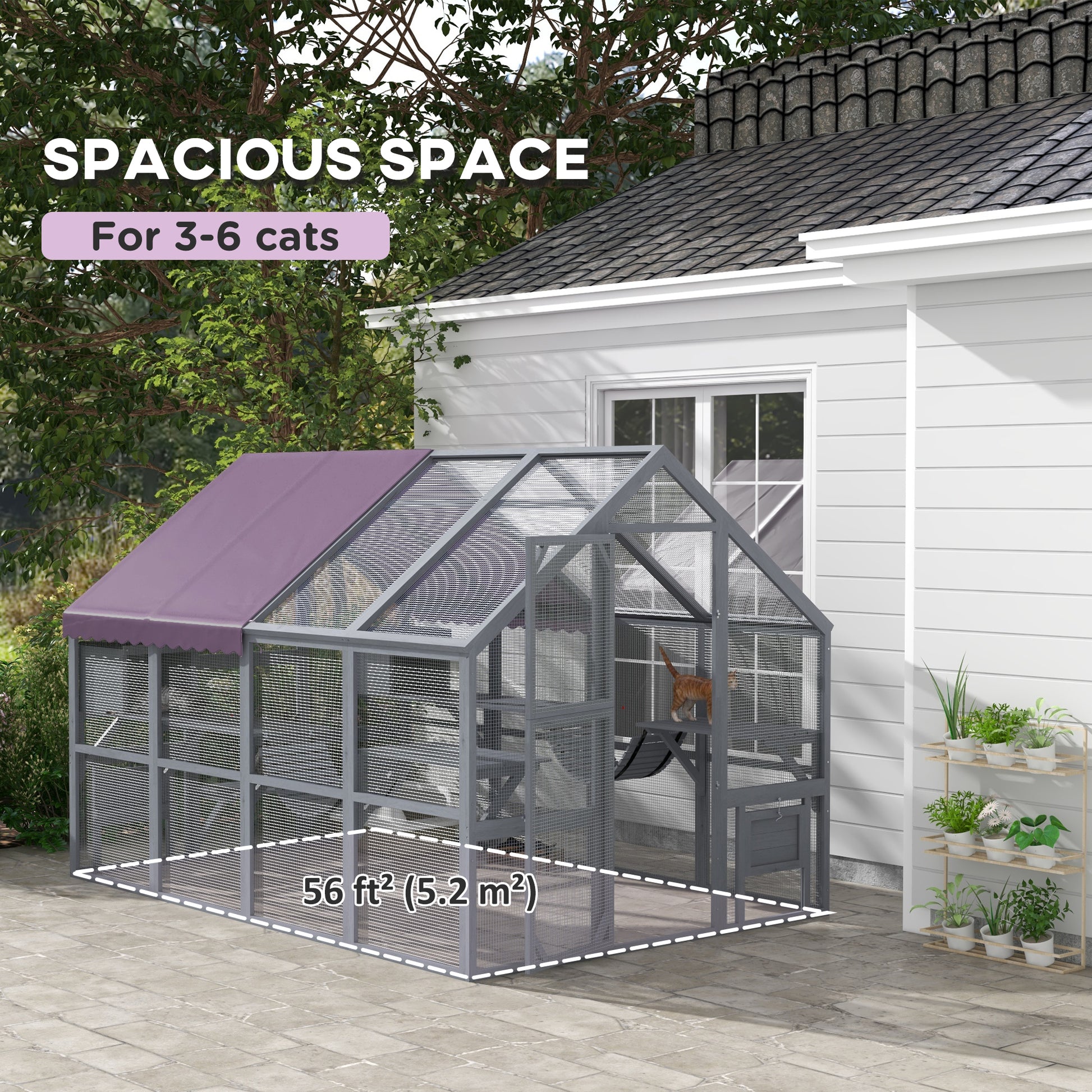 Outdoor Wooden Cat Enclosure - Grey 56sqft Cattery-DECOROLALA