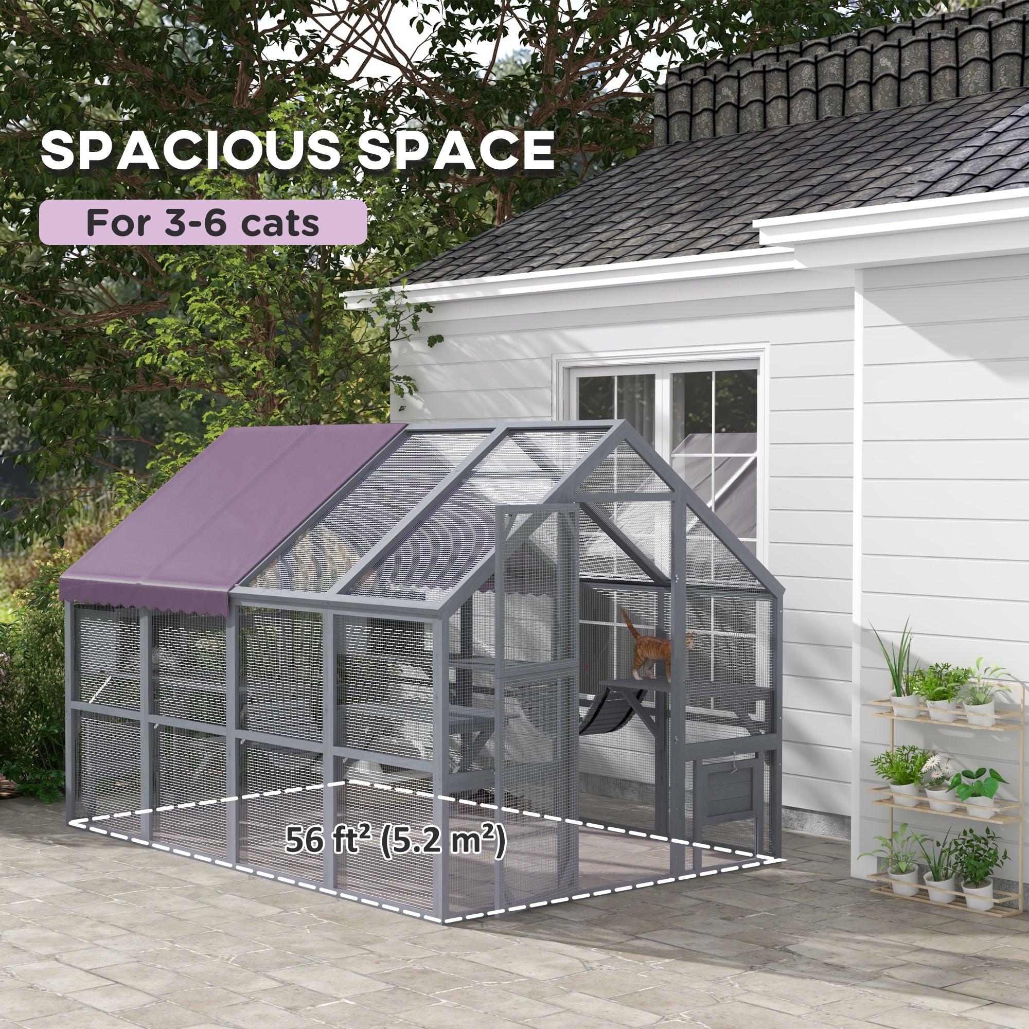 Outdoor Wooden Cat Enclosure - Grey 56sqft Cattery-DECOROLALA