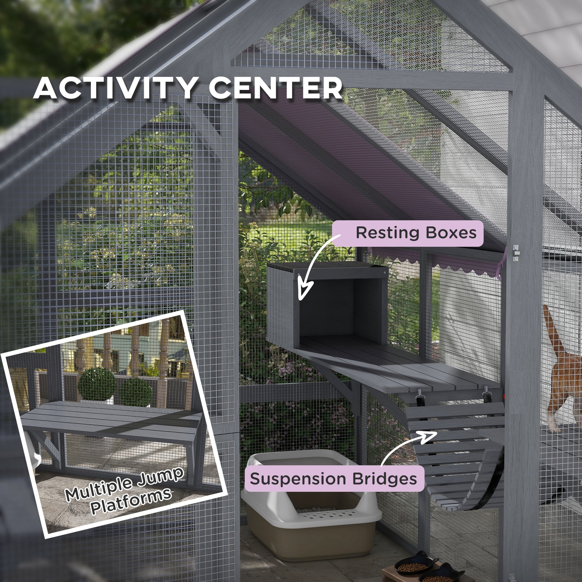 Outdoor Wooden Cat Enclosure - Grey 56sqft Cattery-DECOROLALA