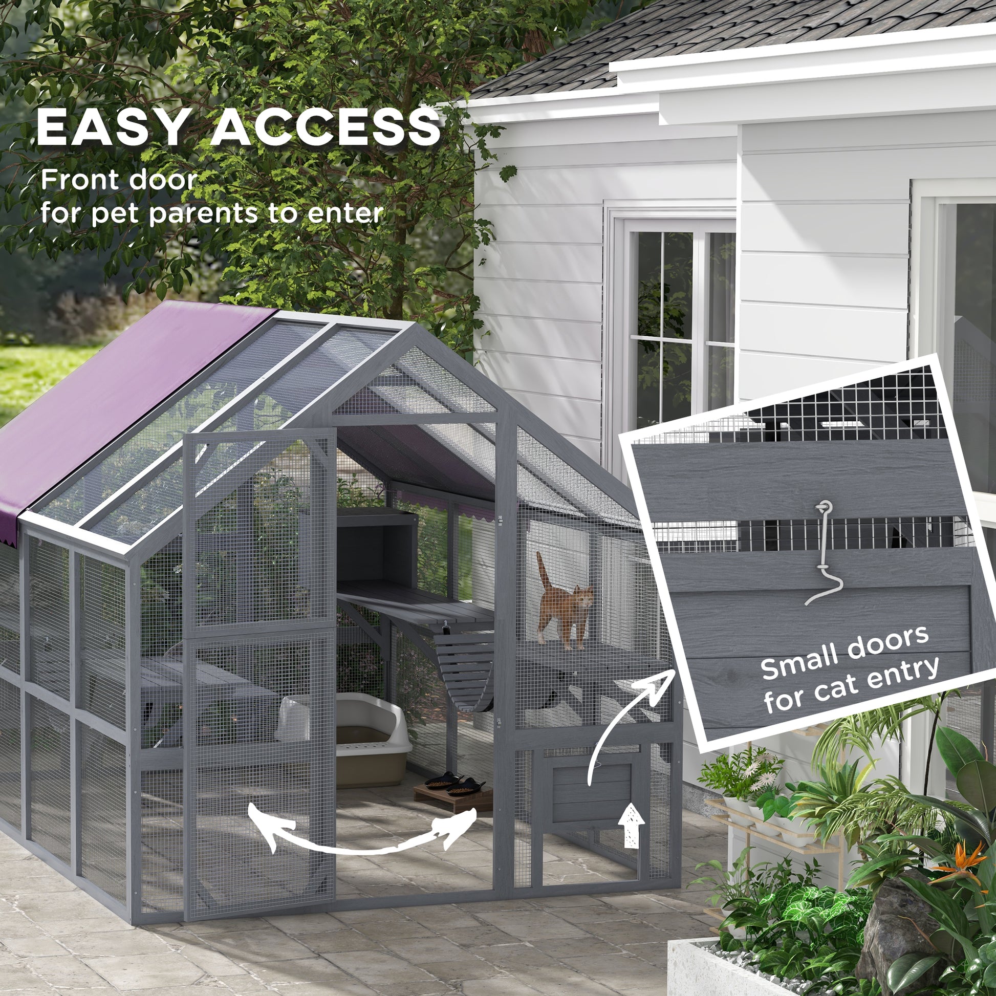 Outdoor Wooden Cat Enclosure - Grey 56sqft Cattery-DECOROLALA