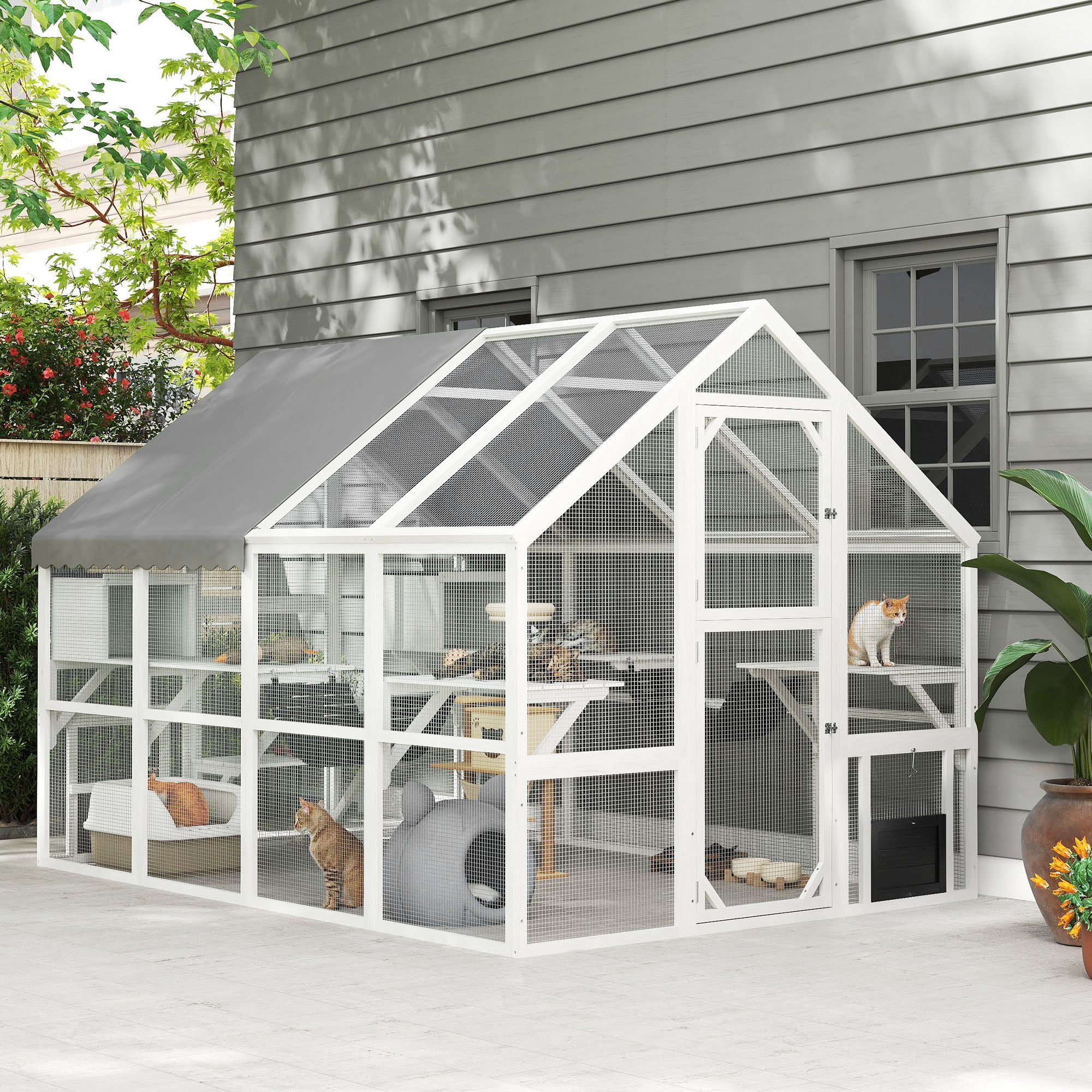 Outdoor Wooden Cat Enclosure - Large 56 sq. ft. Catio with Canopy-Cats-DECOROLALA