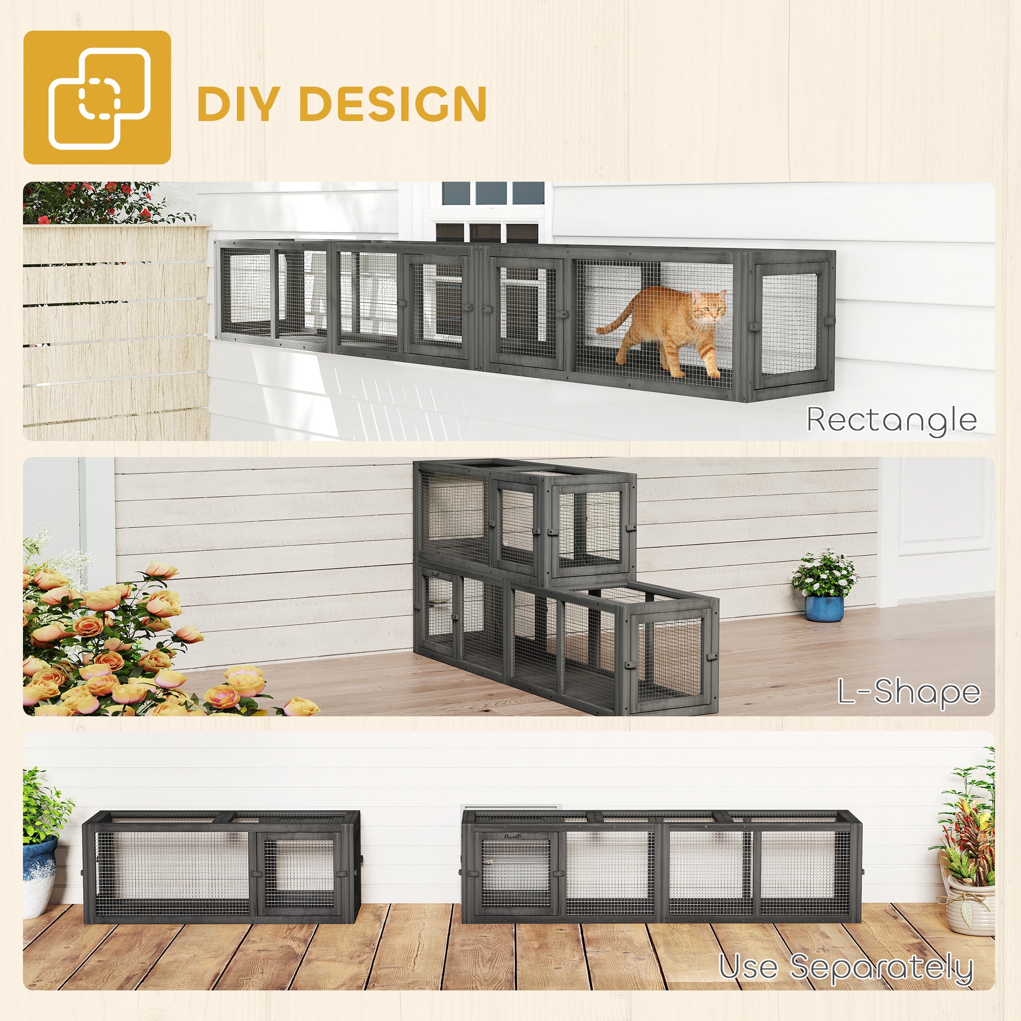 Outdoor Wooden Cat Tunnel - 98" Dark Grey Enclosure-DECOROLALA