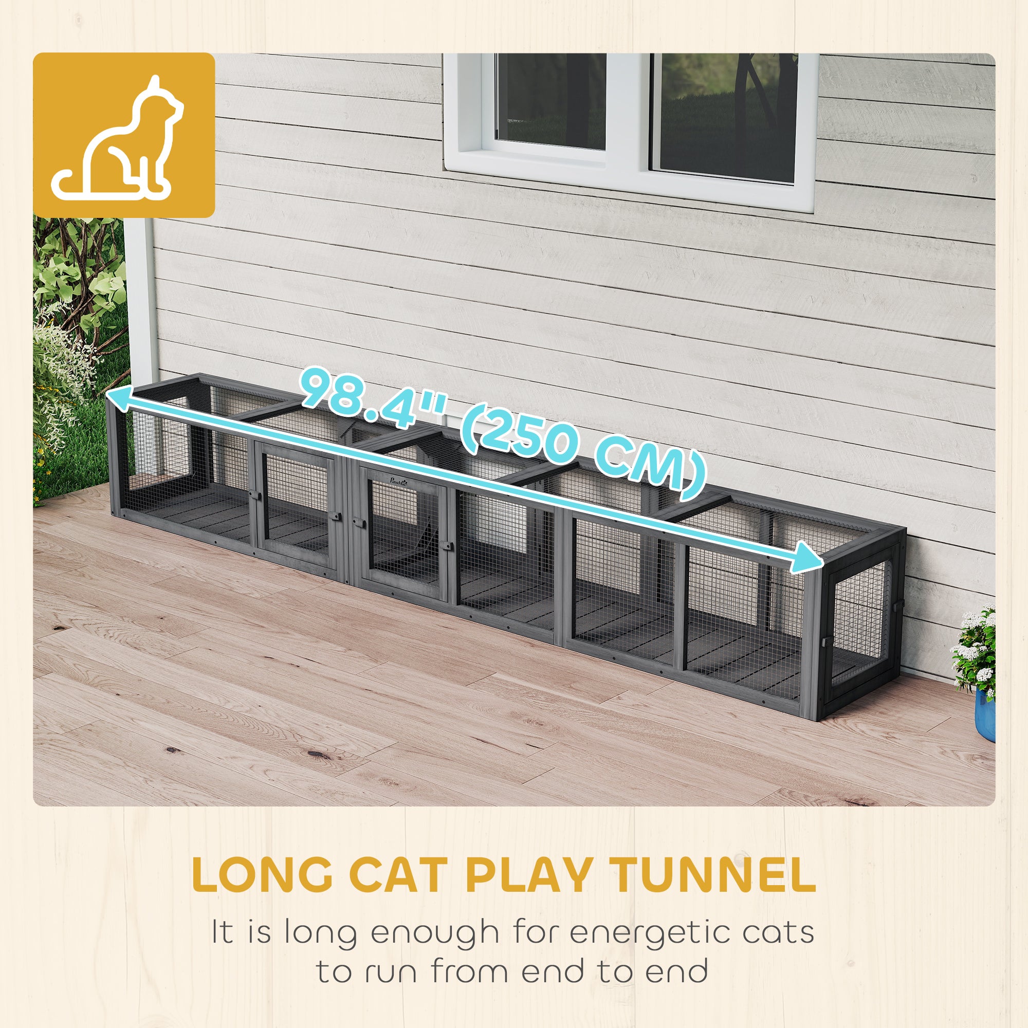 Outdoor Wooden Cat Tunnel - 98" Dark Grey Enclosure-DECOROLALA