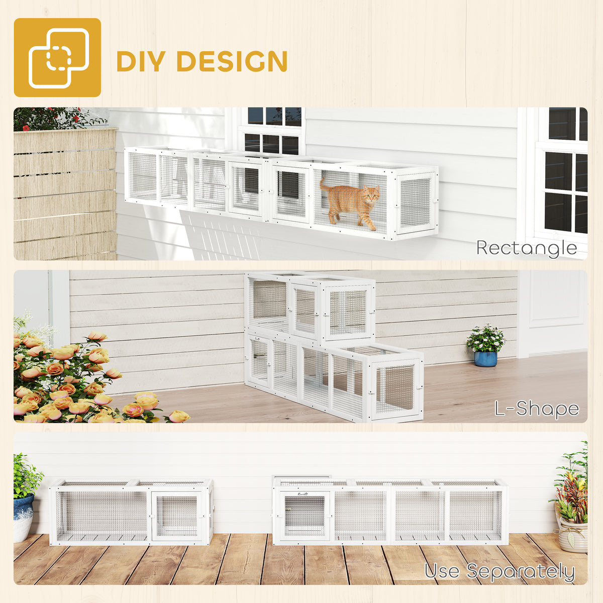 Outdoor Wooden Cat Tunnel Enclosure - 98" Combinable White Design-Cats-DECOROLALA