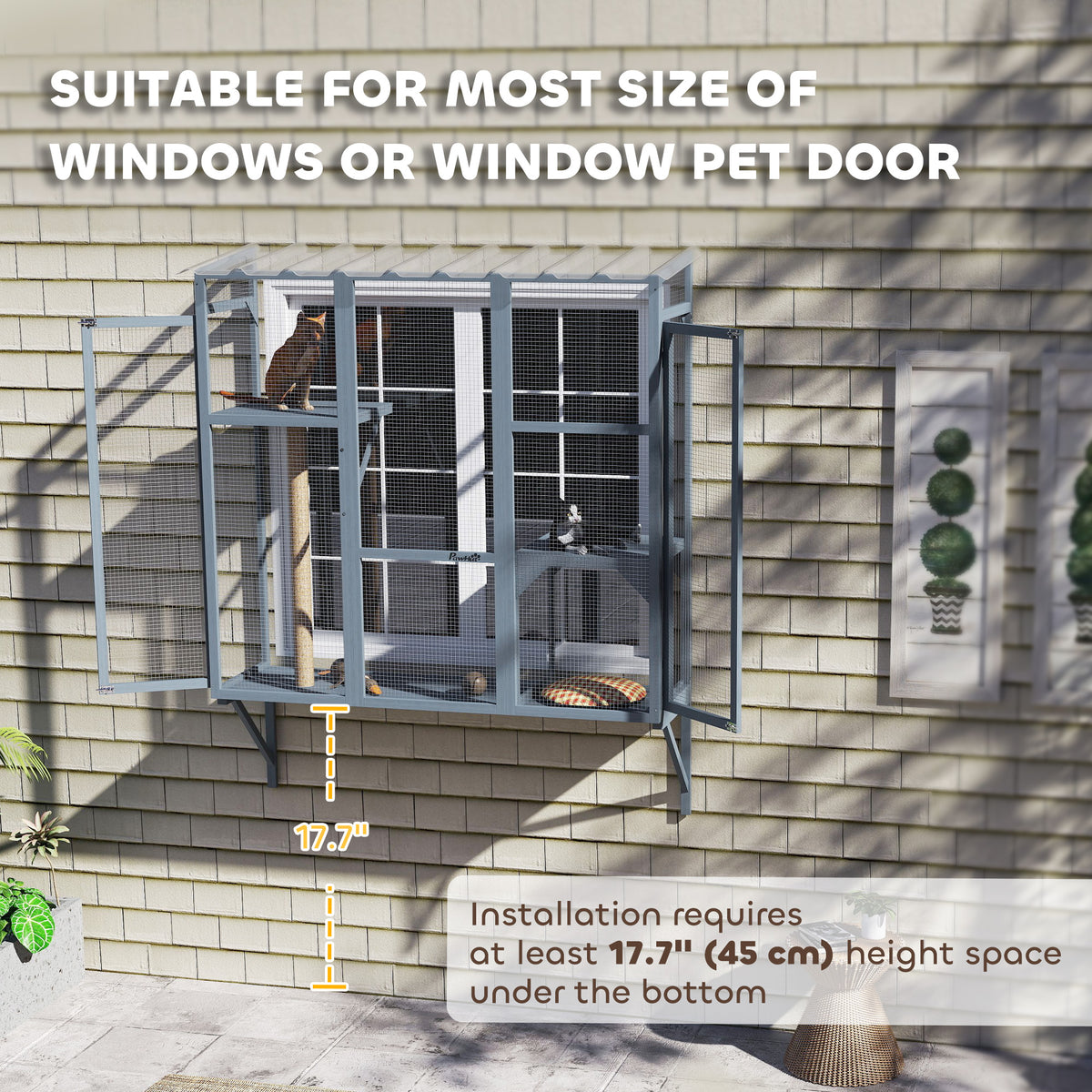 Outdoor Wooden Catio Enclosure - 3-Tier Grey Cat Window Box-Cats-DECOROLALA