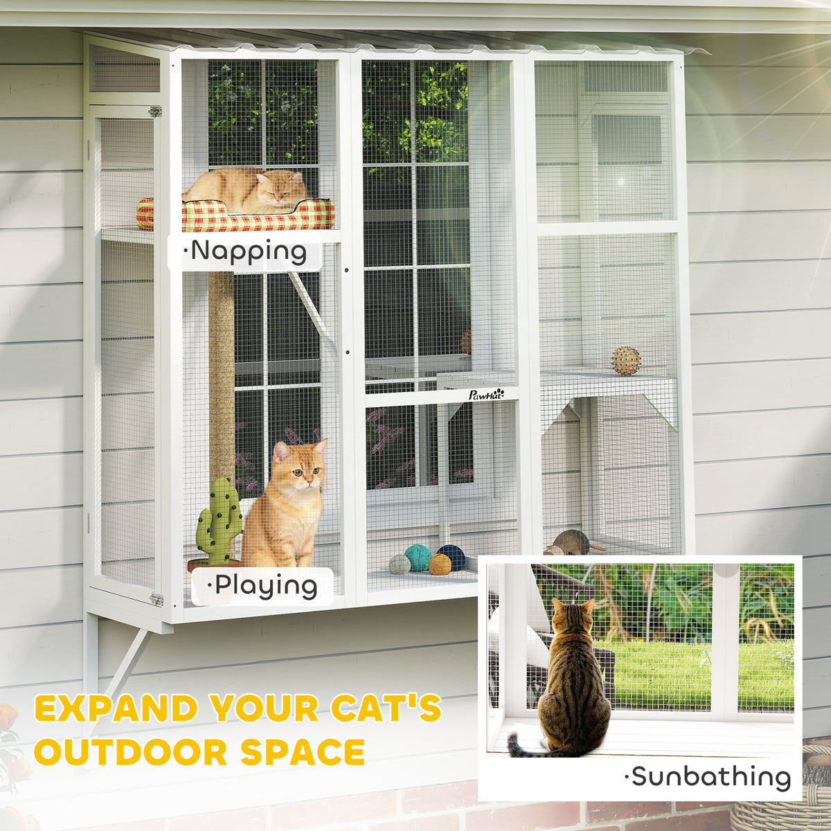 Outdoor Wooden Catio Enclosure - 3-Tier Window Box, White-Cats-DECOROLALA