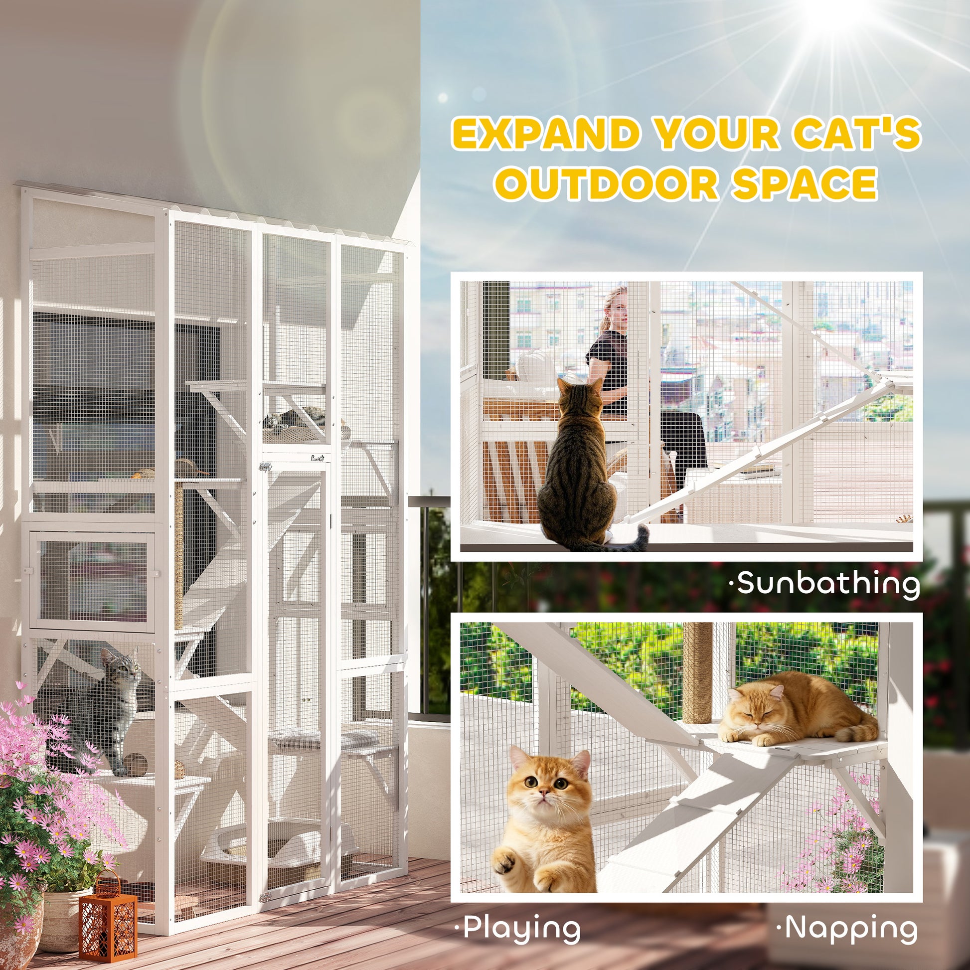 Outdoor Wooden Catio Enclosure - White 99" H-DECOROLALA