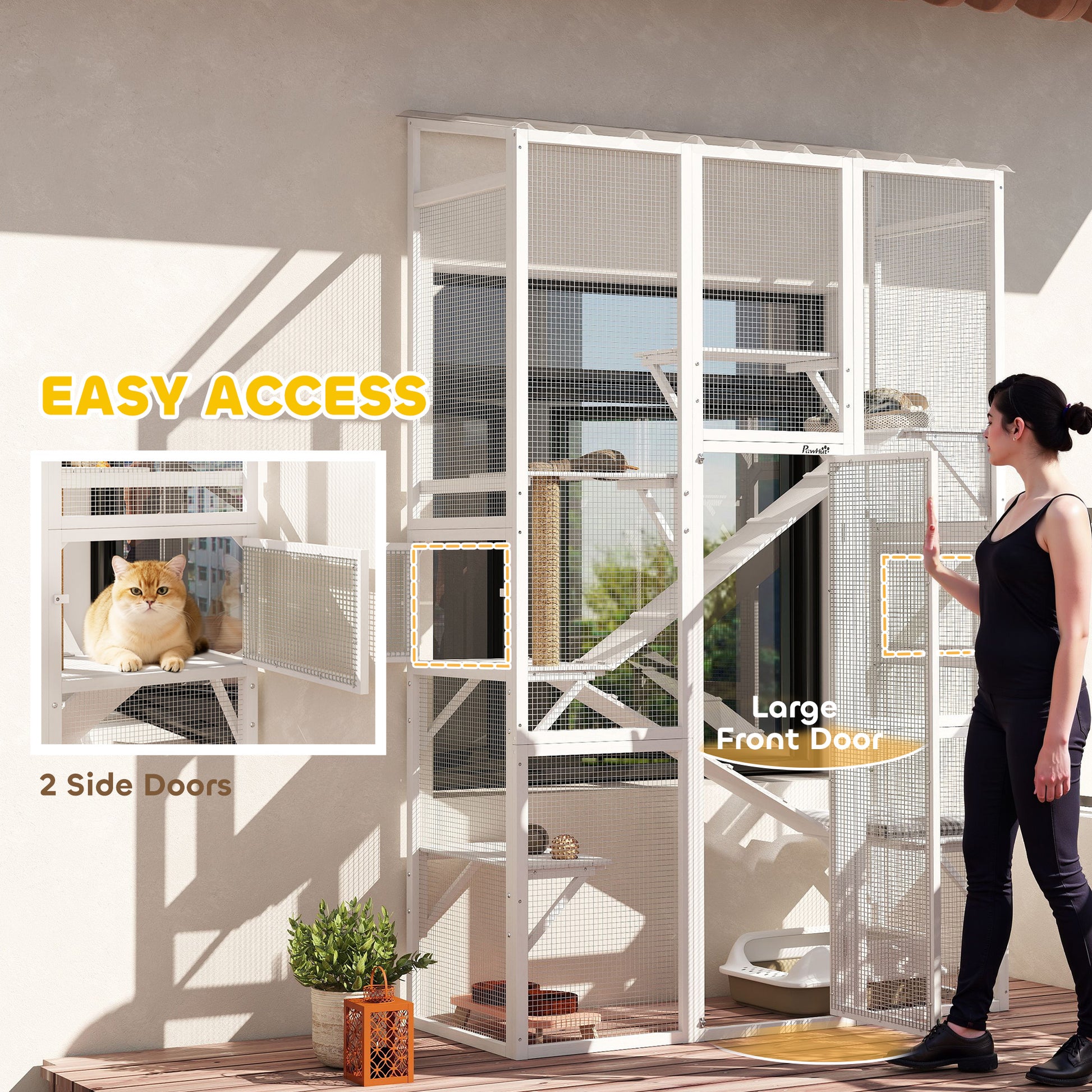 Outdoor Wooden Catio Enclosure - White 99" H-DECOROLALA