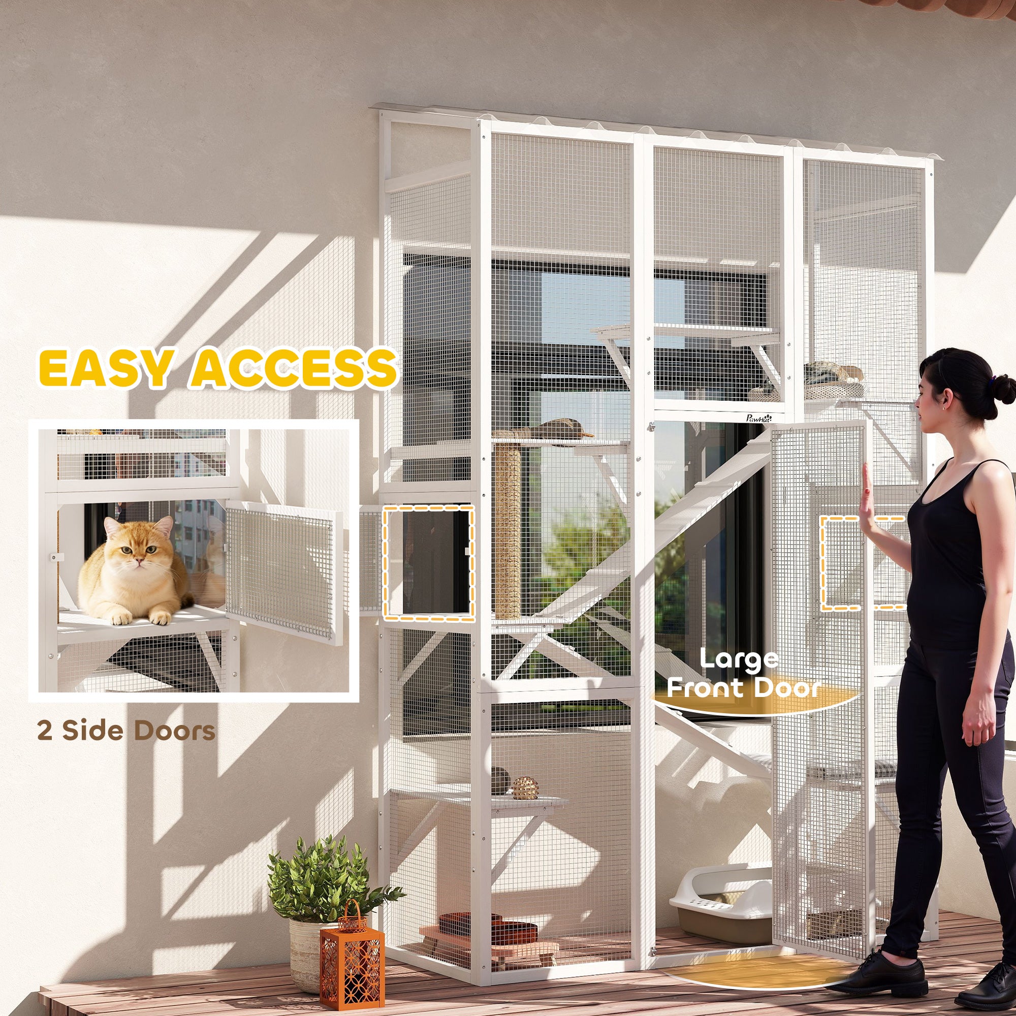 Outdoor Wooden Catio Enclosure - White 99" H-DECOROLALA