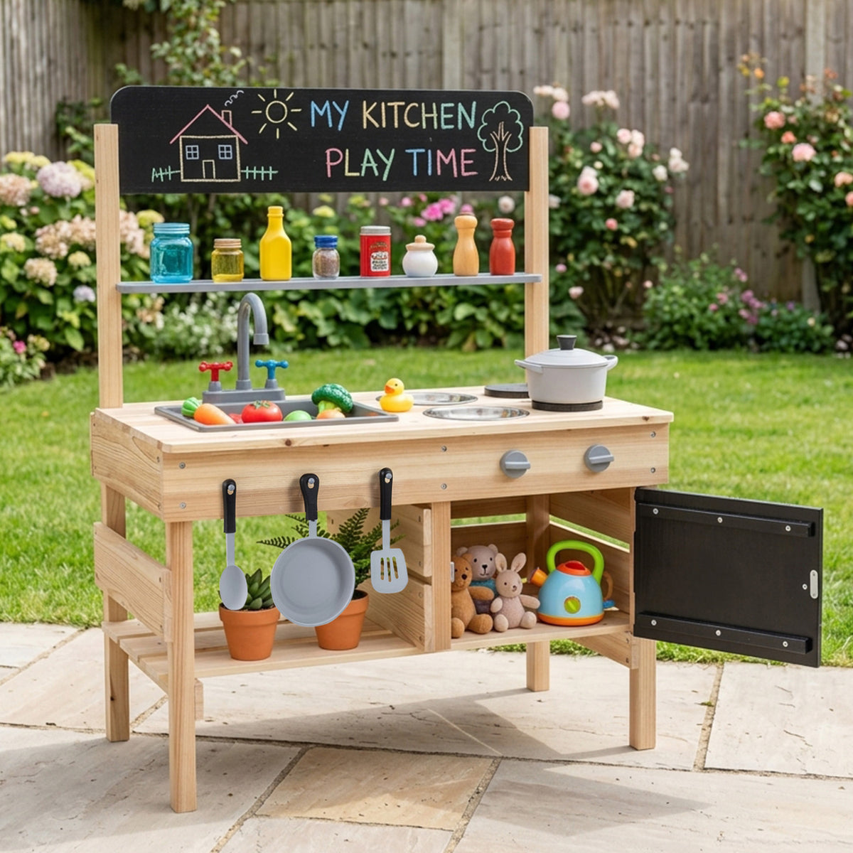 Cuisine en bois d’extérieur pour enfants avec évier et plaques de cuisson - Naturel