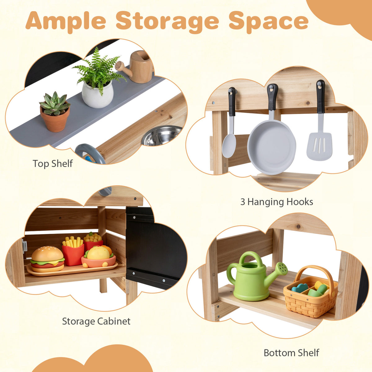 Cuisine en bois d’extérieur pour enfants avec évier et plaques de cuisson - Naturel