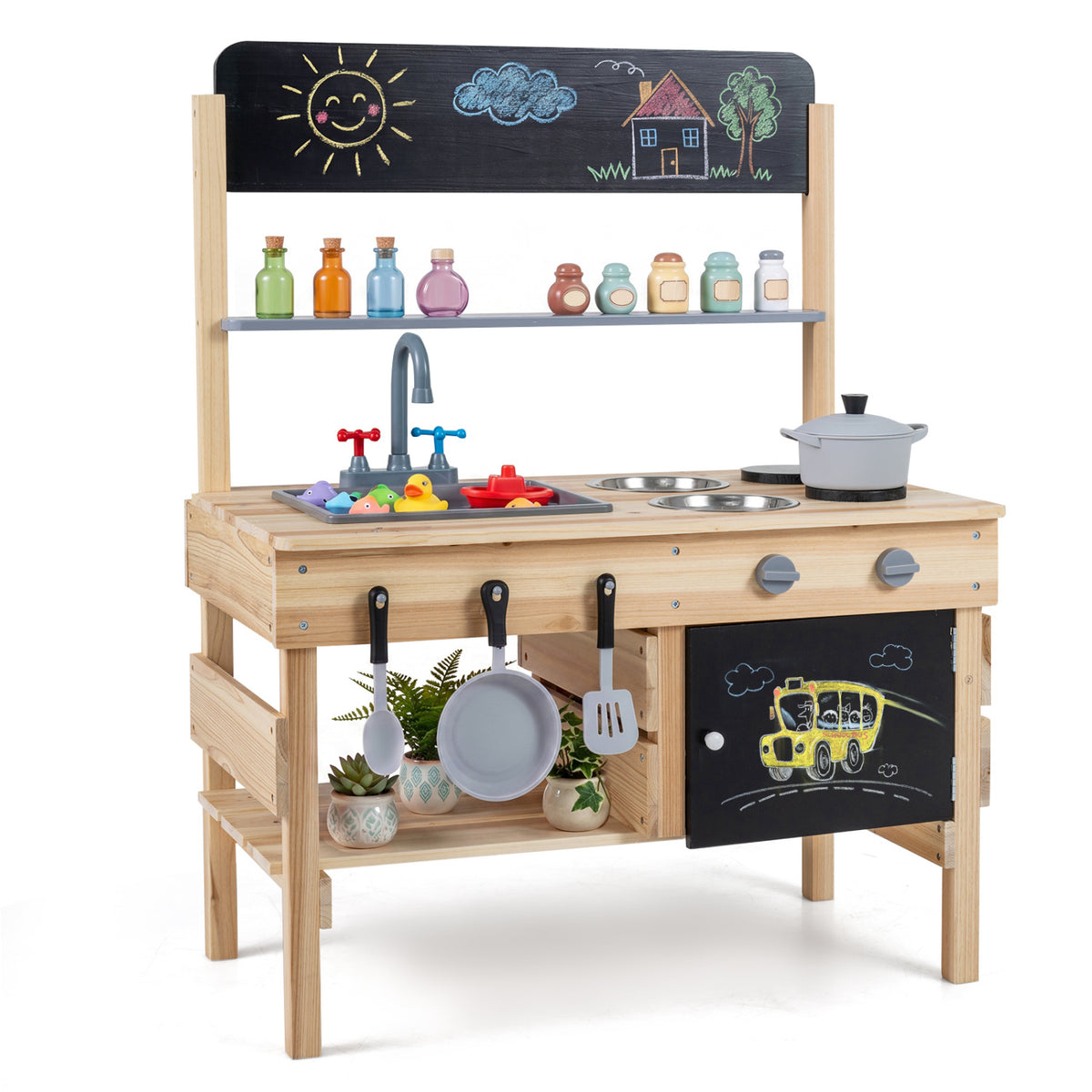 Cuisine en bois d’extérieur pour enfants avec évier et plaques de cuisson - Naturel