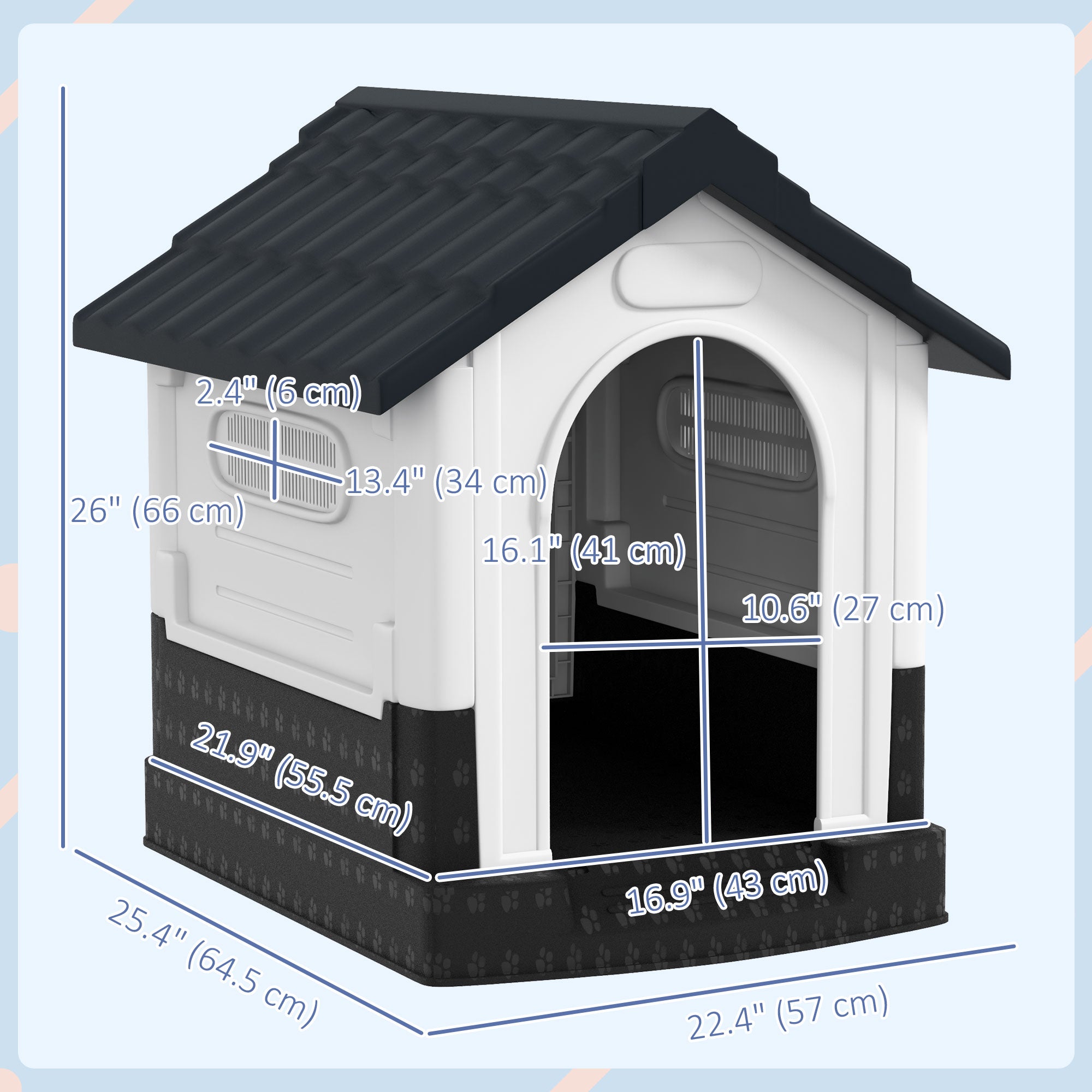 Outside Dog Kennel House with Windows, Base Support, for Garden Patio, Miniature Dogs, 64.5 x 57 x 66cm, Dark Grey-Dogs-DECOROLALA
