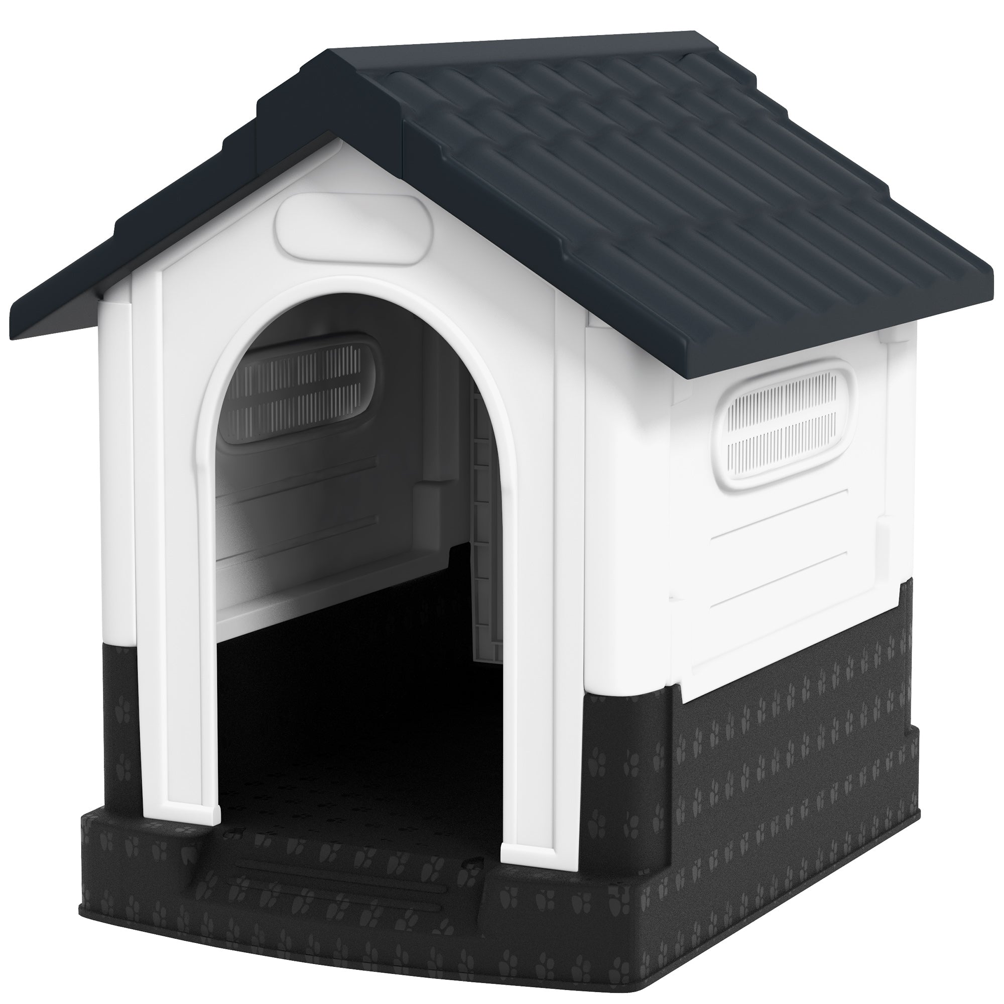 Outside Dog Kennel House with Windows, Base Support, for Garden Patio, Miniature Dogs, 64.5 x 57 x 66cm, Dark Grey-Dogs-DECOROLALA