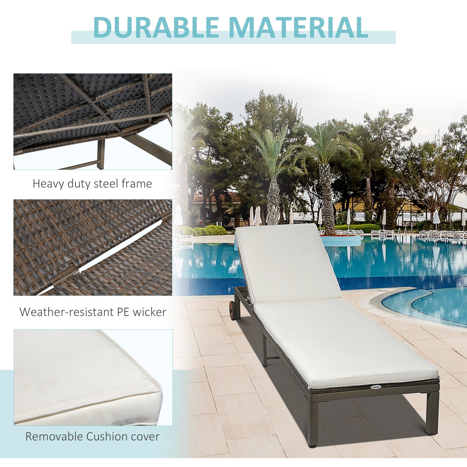 Outsuuny Rattan Chaise Lounge - Cream White Adjustable-DECOROLALA