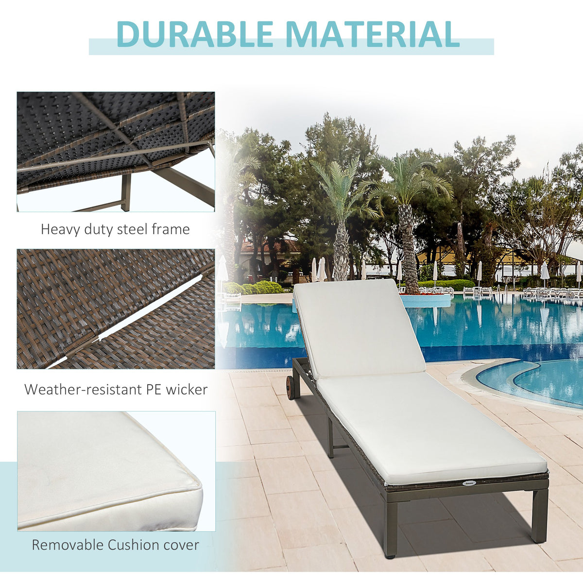 Outsuuny Rattan Chaise Lounge - Cream White Adjustable-Outdoor Chaise Lounges-DECOROLALA