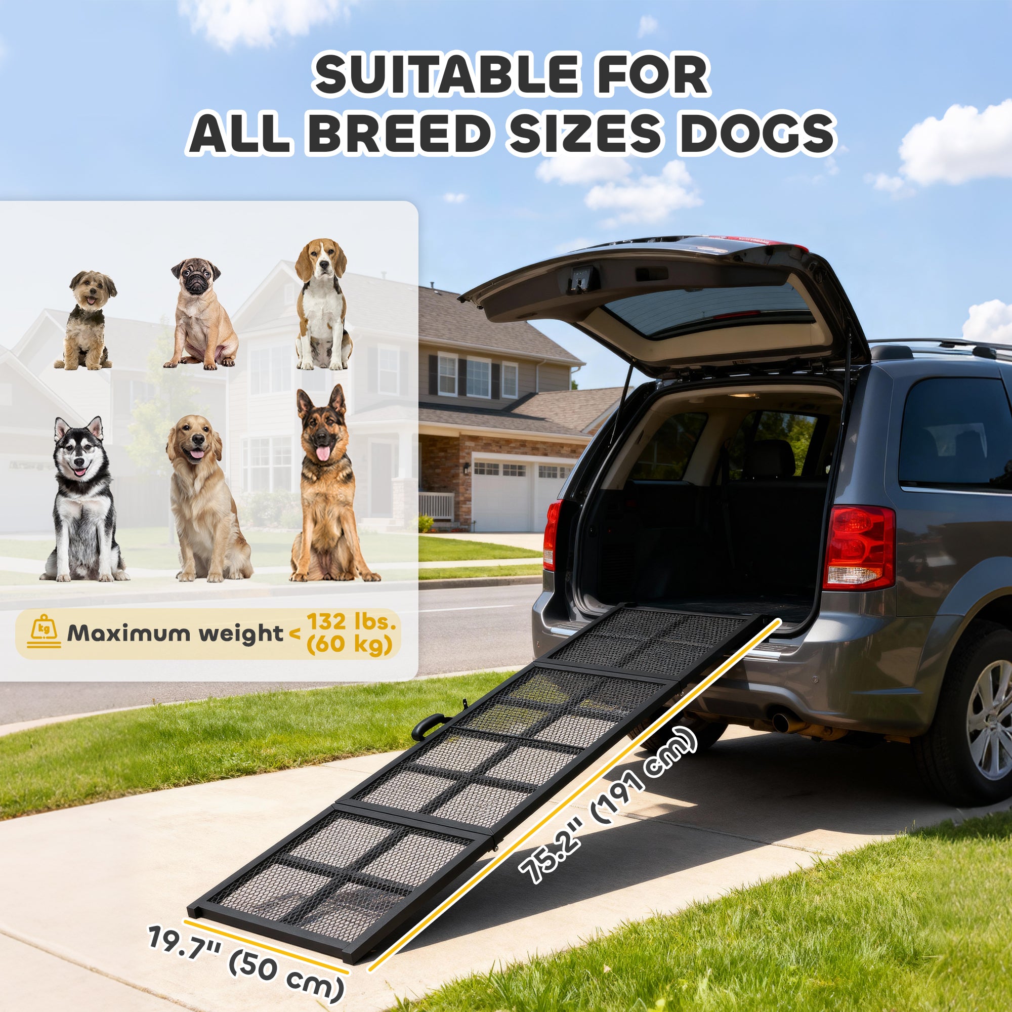 75" Folding & Portable Dog Car Ramp for Large Dogs, Extra Long & Wide, for Car, SUV, Truck, RV, High Bed